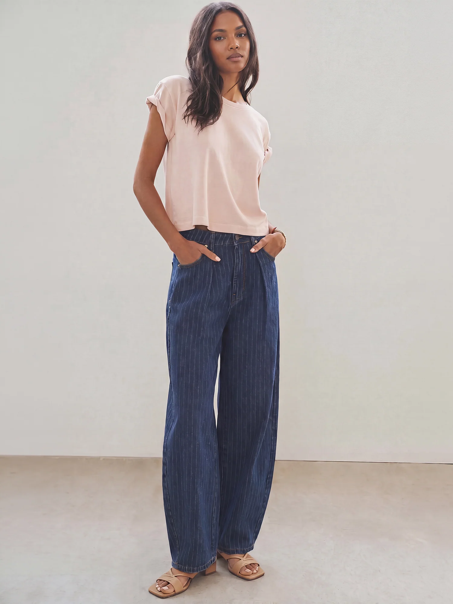 Barrel Fit High Waisted Pleated Pinstripe Trousers
