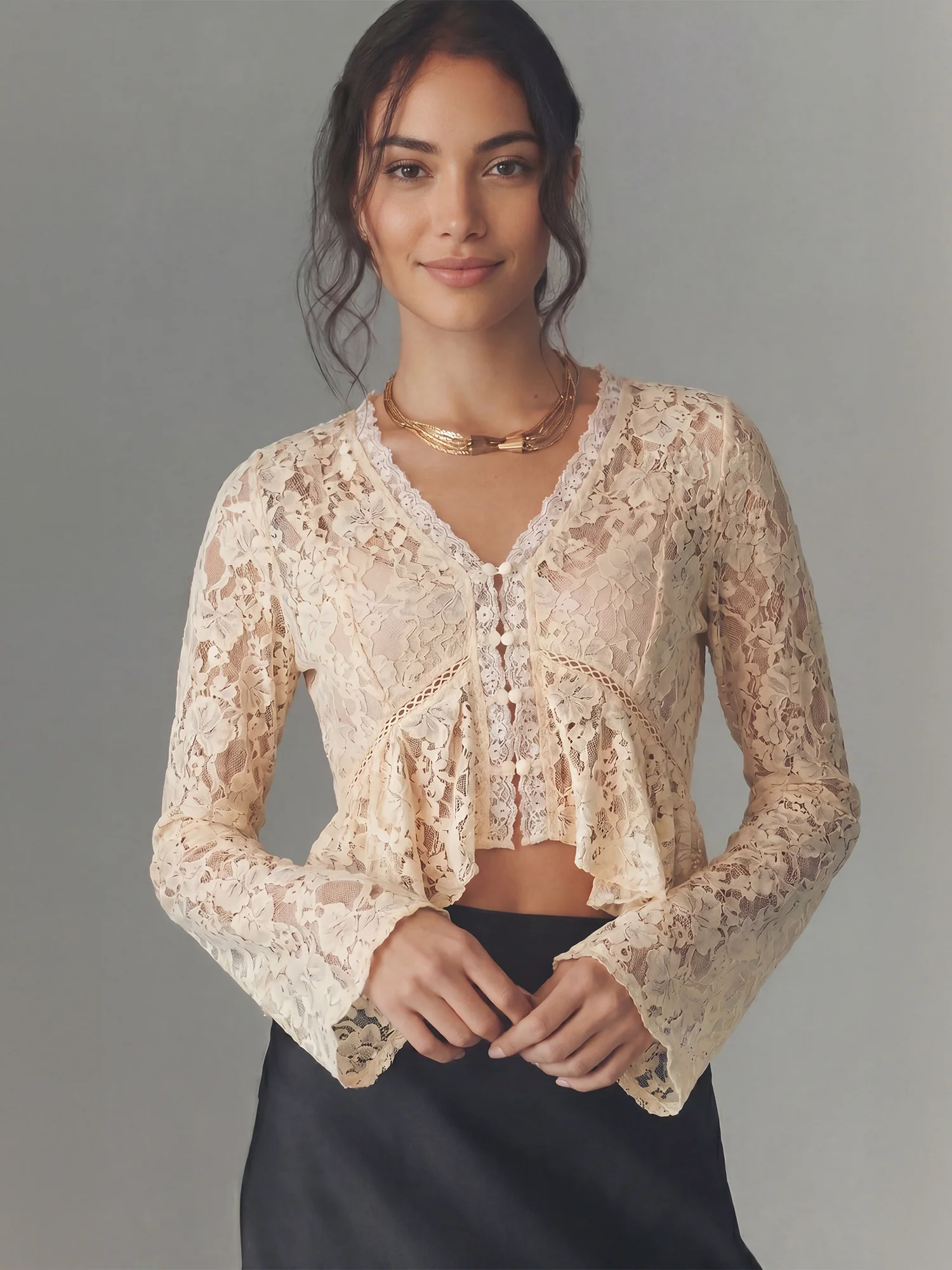 Bohemian Lace Peplum Deep V Tie Front Top