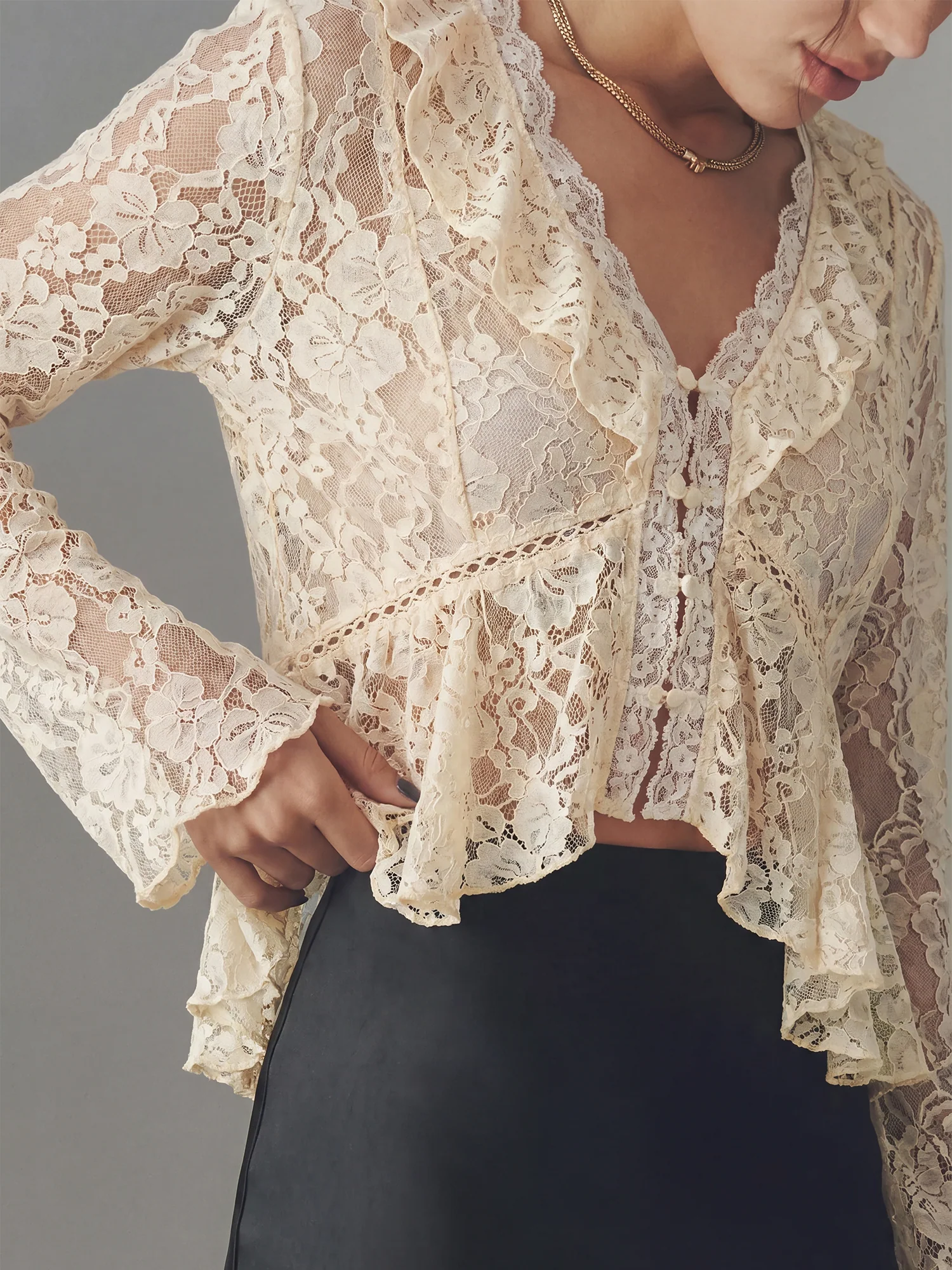 Bohemian Lace Peplum Deep V Tie Front Top - Image 2