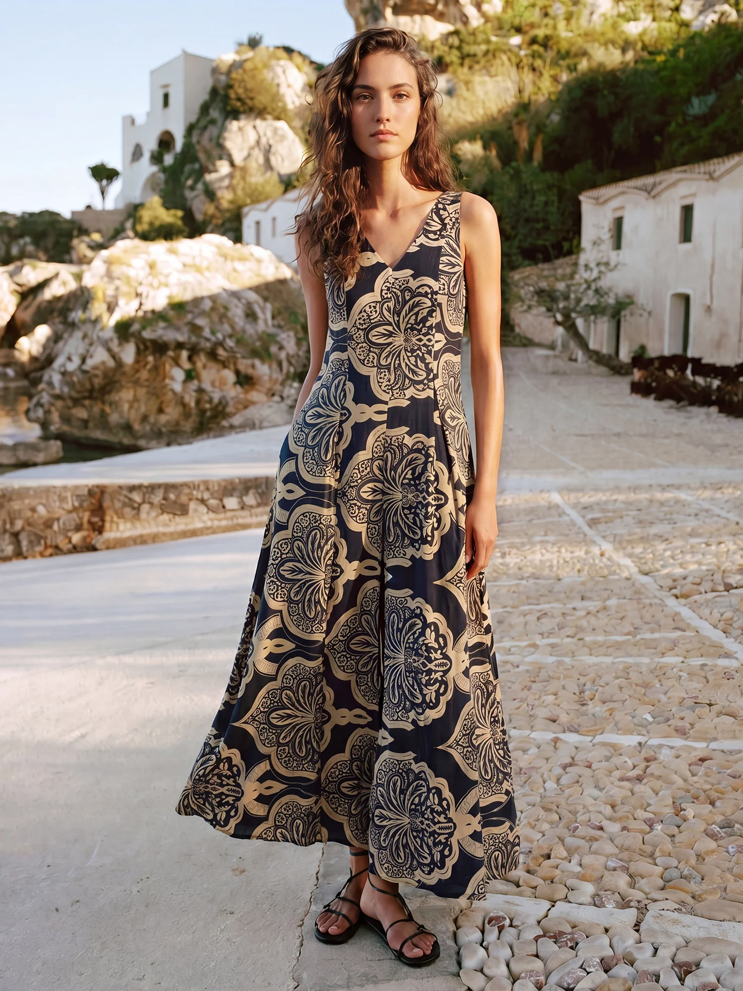 Border Print Flare Loose Fit Jumpsuit