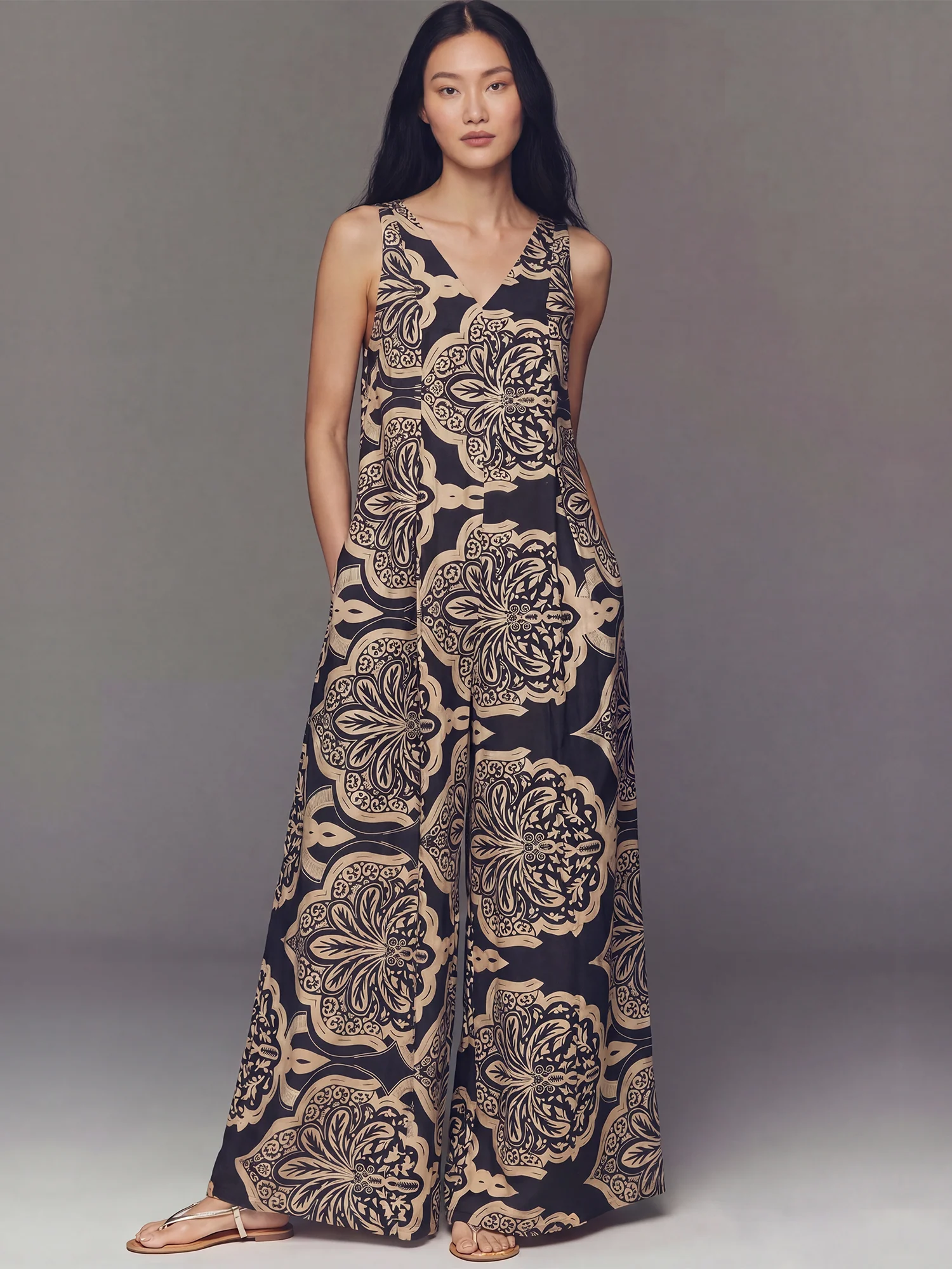 Border Print Flare Loose Fit Jumpsuit - Image 2
