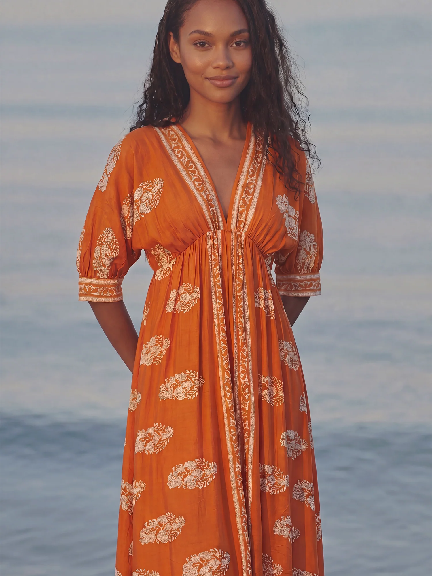 Short sleeve V Neck Border Print Woven Midi Dress - Image 2