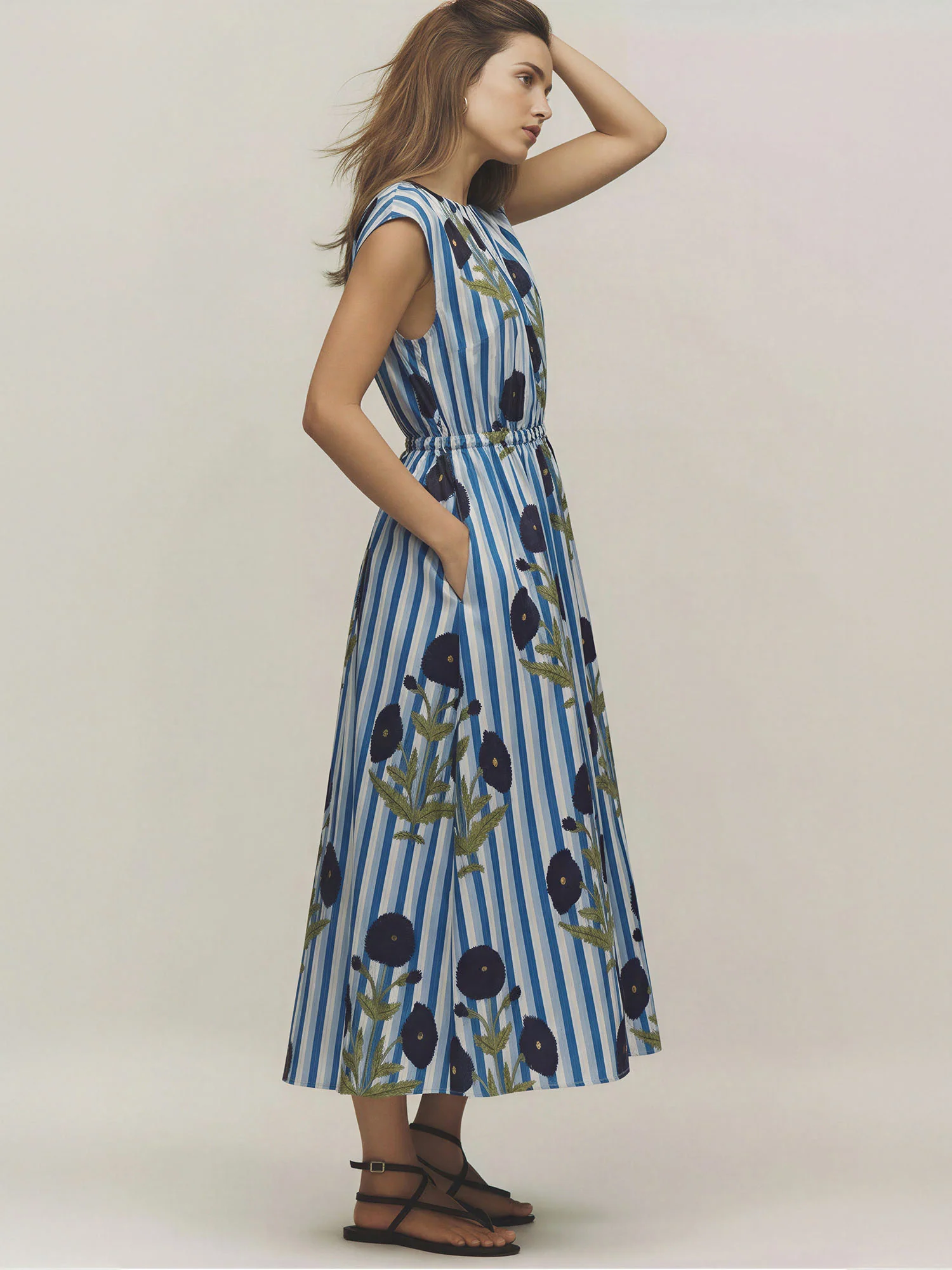 Botanical Print Crew Cap Sleeves Tie Front Midi Dress - Image 3