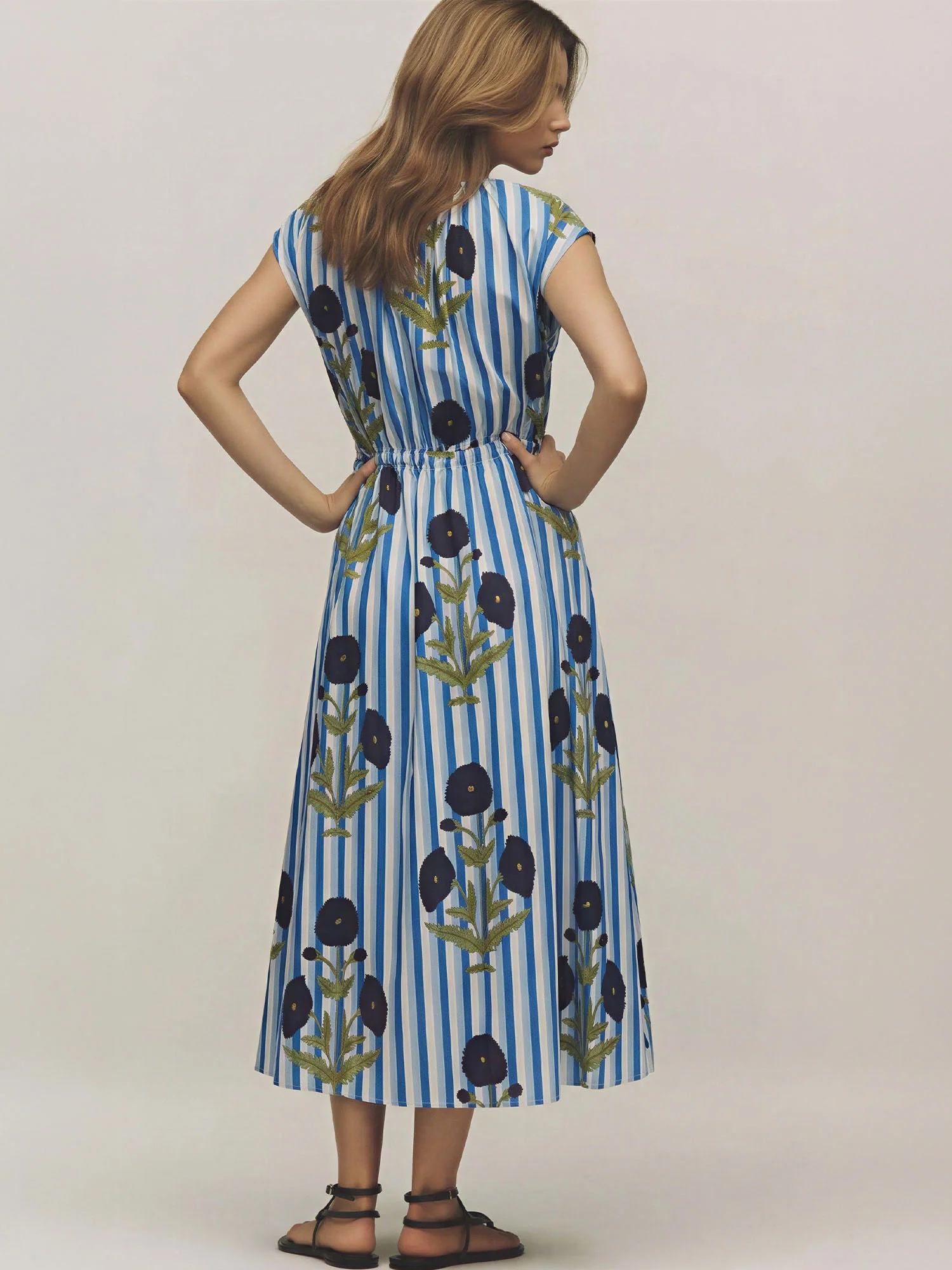Botanical Print Crew Cap Sleeves Tie Front Midi Dress - Image 4