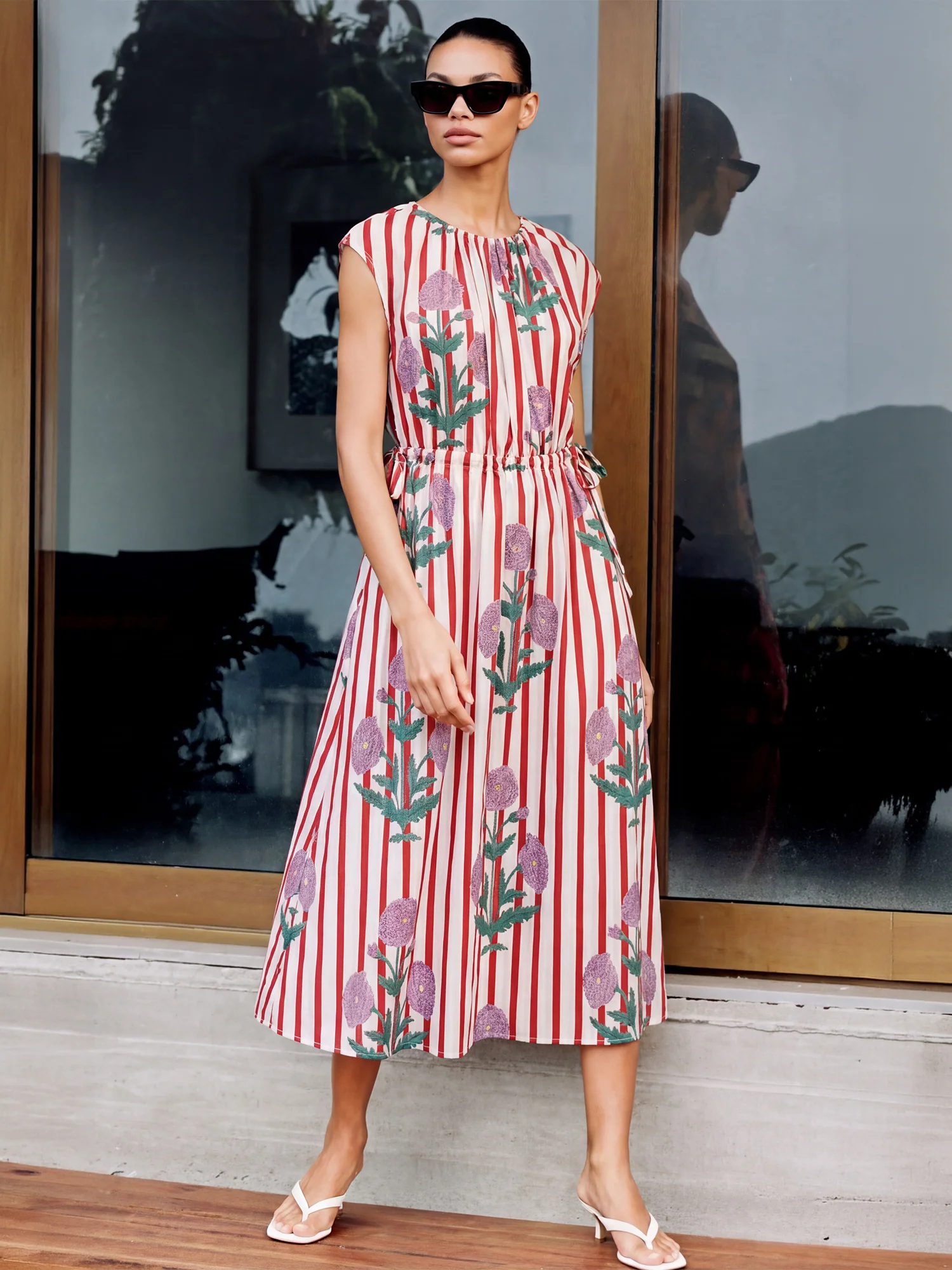 Botanical Print Crew Cap Sleeves Tie Front Midi Dress - Image 6