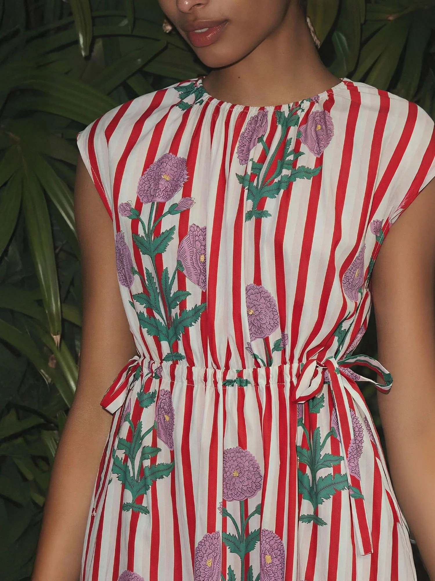 Botanical Print Crew Cap Sleeves Tie Front Midi Dress - Image 8