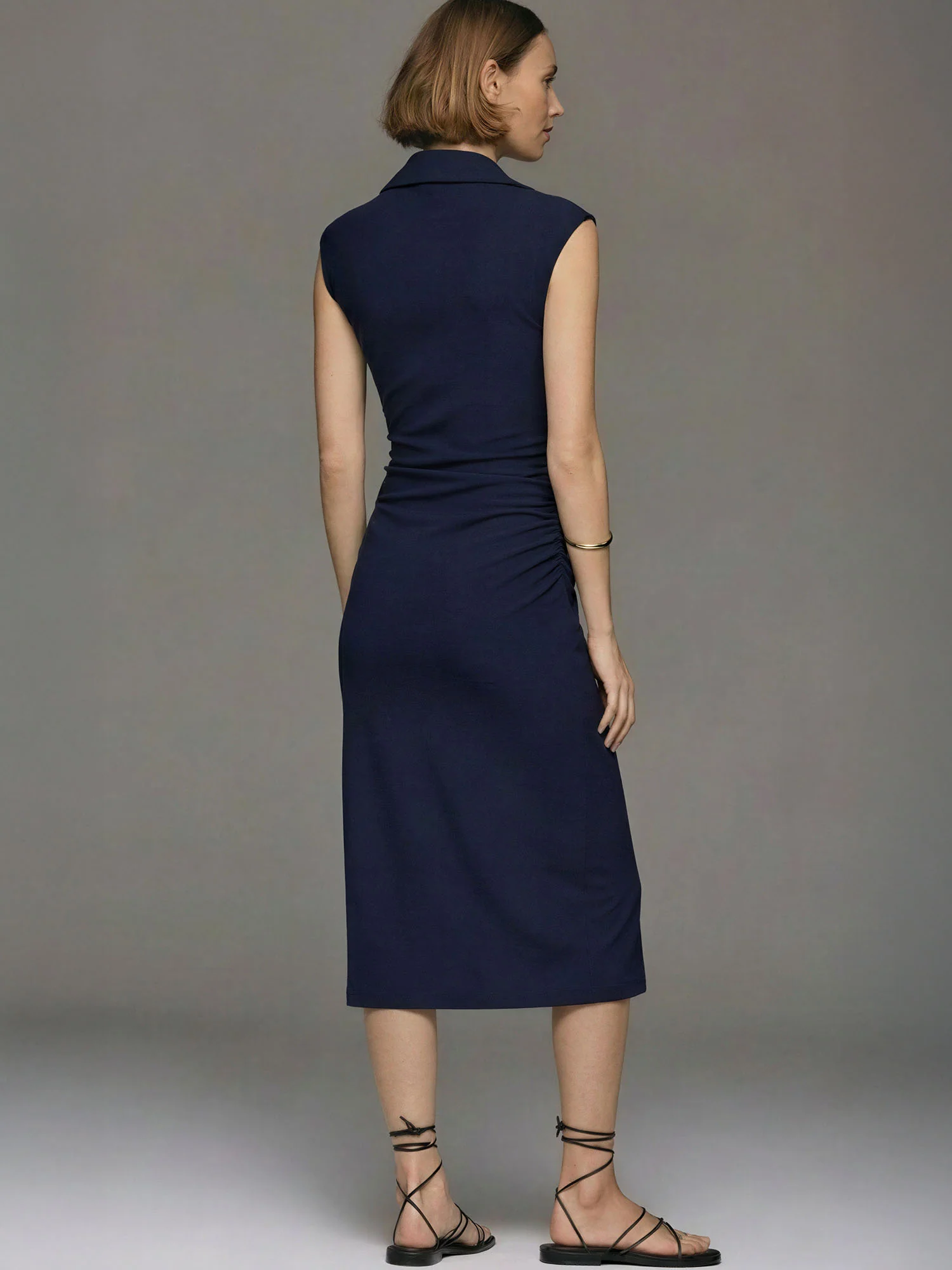 Cap Sleeve Collared Button Front Ruched Midi Dress - Image 3