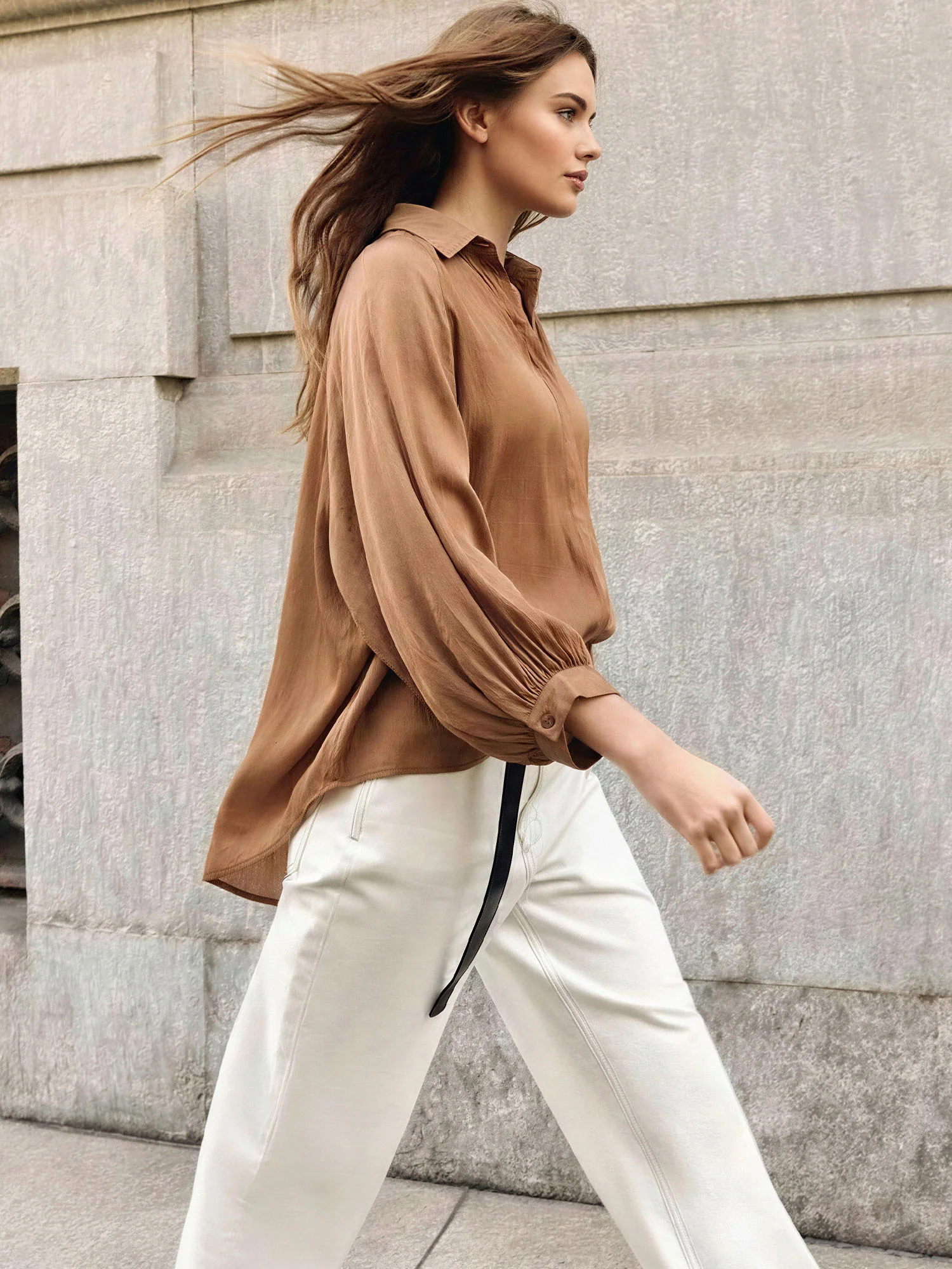 Collar Satin Button Down Ballon Sleeves Blouse - Image 3