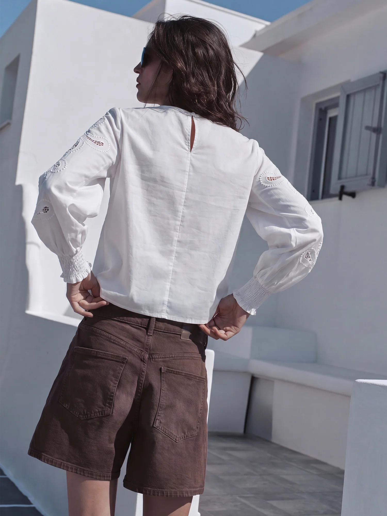 Cotton Long Sleeve Embroidered Eyelet Blouse - Image 7