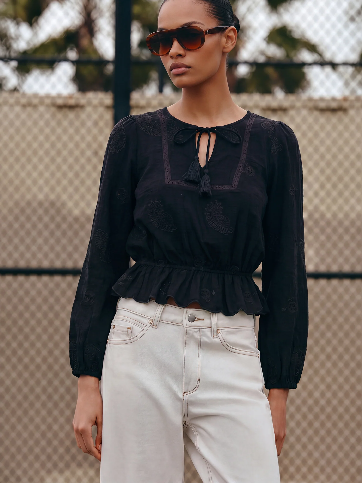 Cotton Long Sleeve Peasant Peplum Blouse