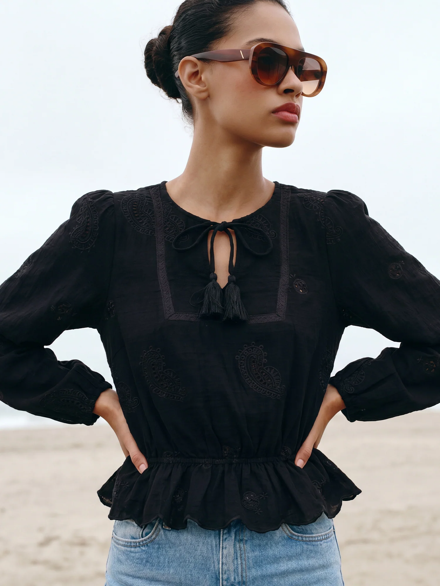 Cotton Long Sleeve Peasant Peplum Blouse - Image 3