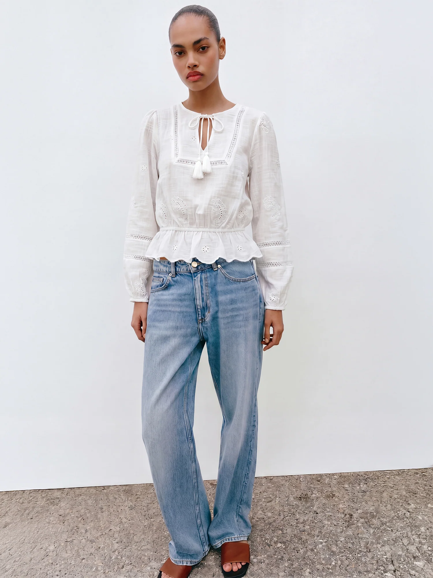 Cotton Long Sleeve Peasant Peplum Blouse - Image 6
