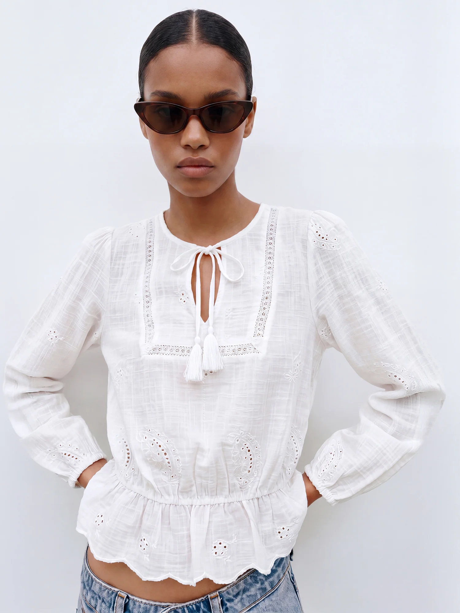 Cotton Long Sleeve Peasant Peplum Blouse - Image 7