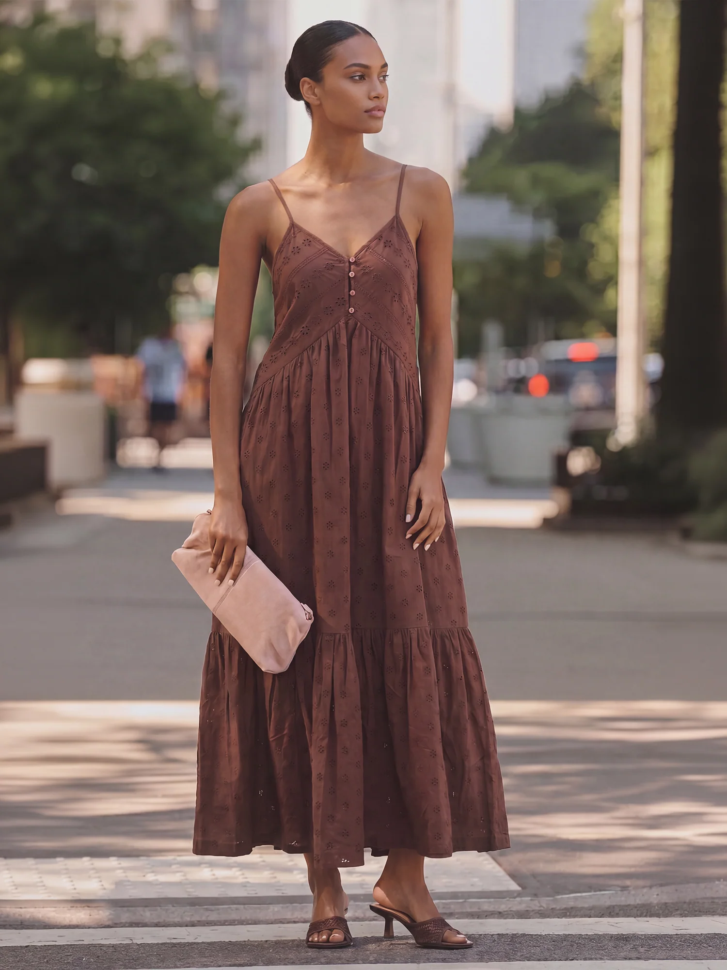 Cotton Swiss Dot And Eyelet Sleeveless Empired Waist Tiered Maxi Dress