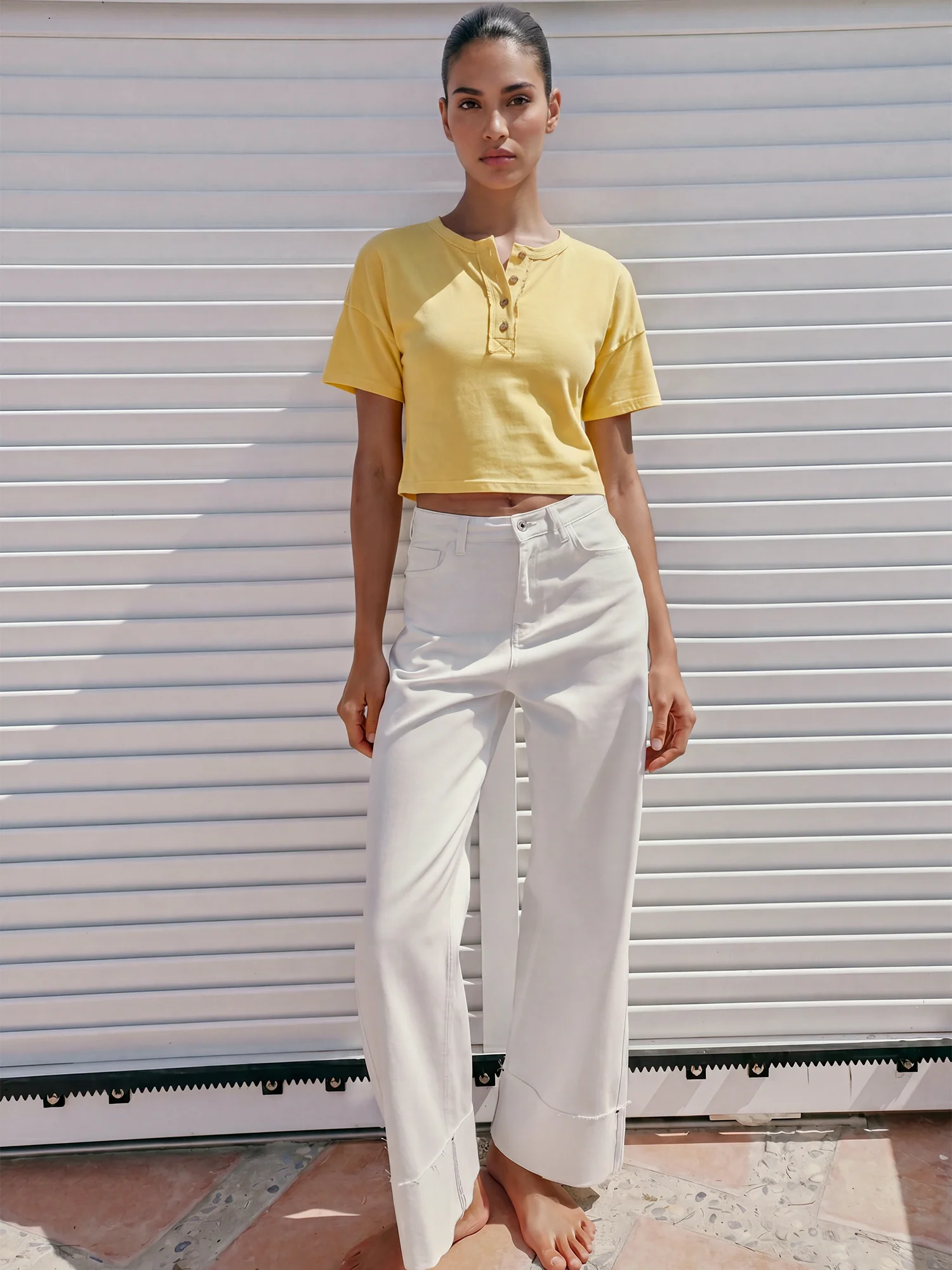 Cropped Button Henley Tee - Image 2
