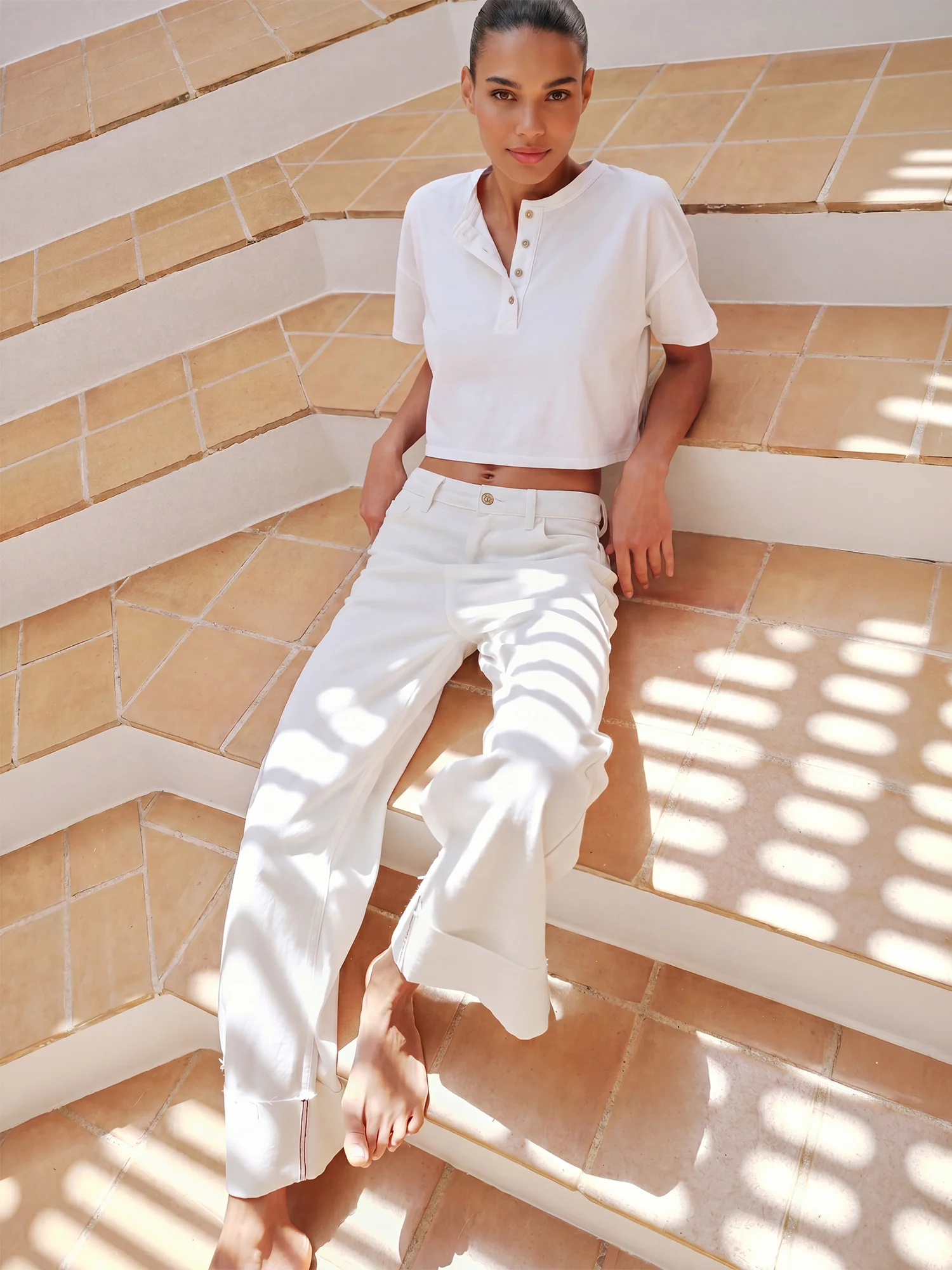 Cropped Button Henley Tee - Image 6