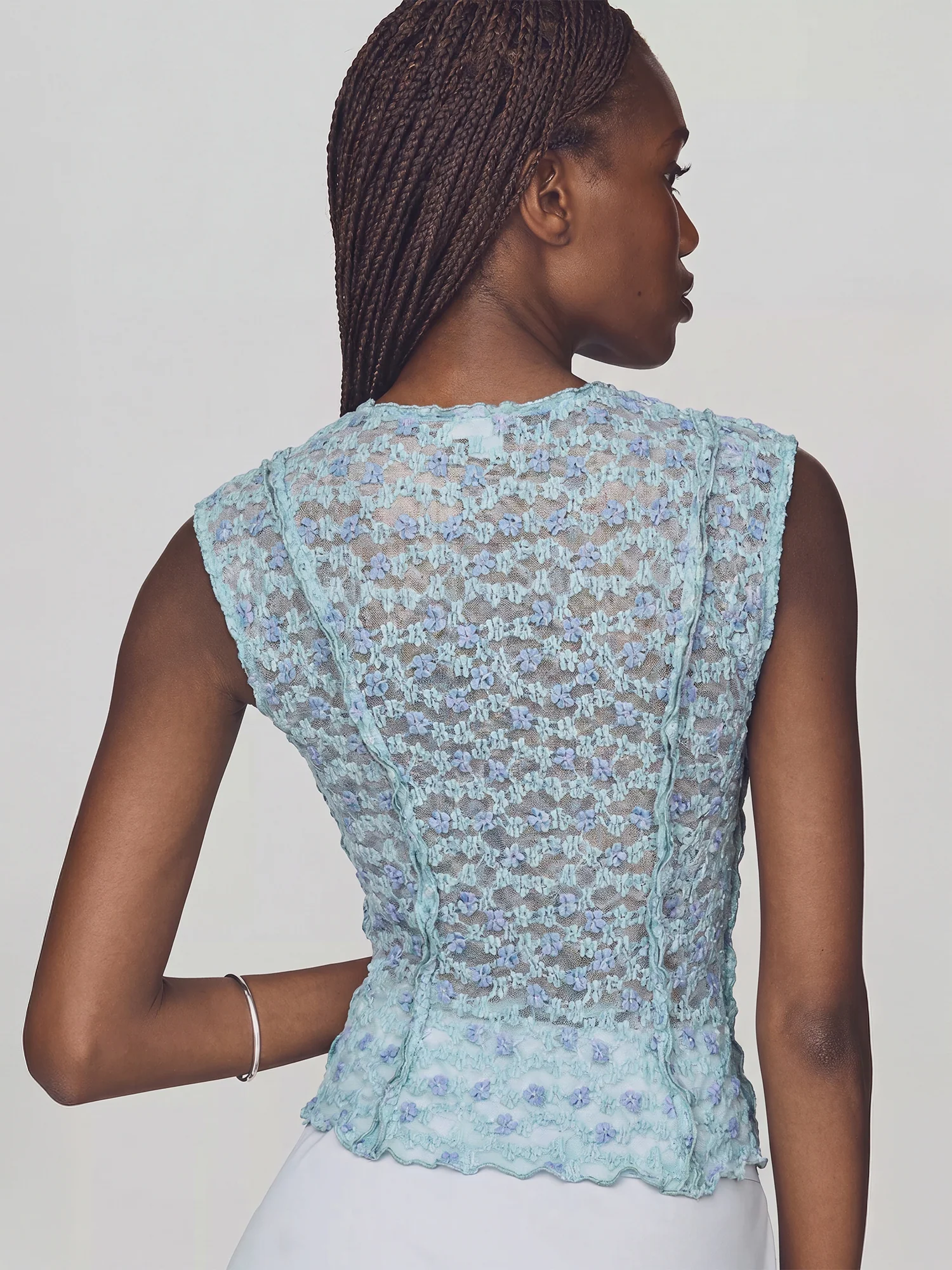 Delicate Mesh Vertical Ruffle Trim Floral Top - Image 3