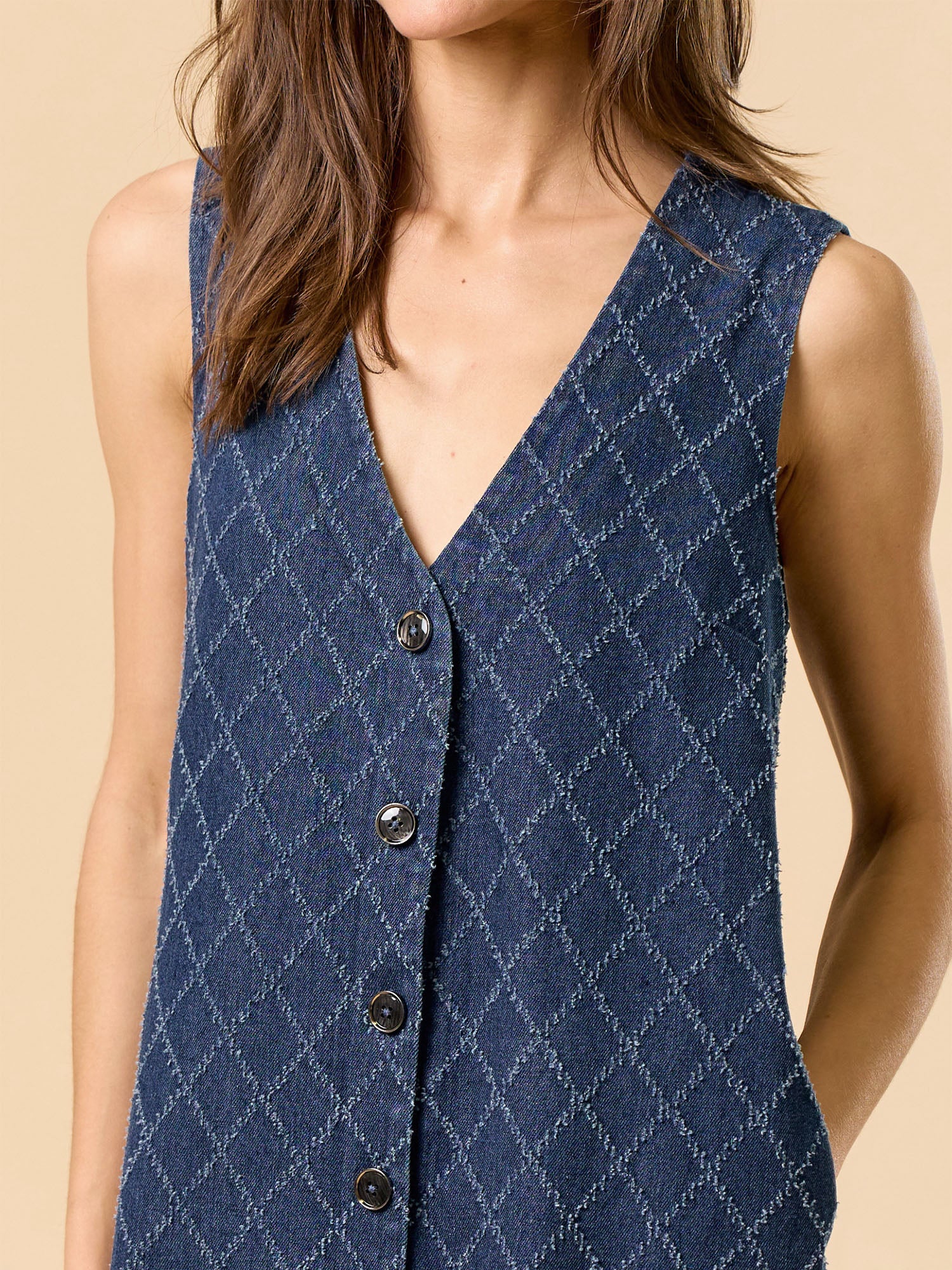 Denim Mini V-Neck Diamond Stitch Button Down Dress - Image 5