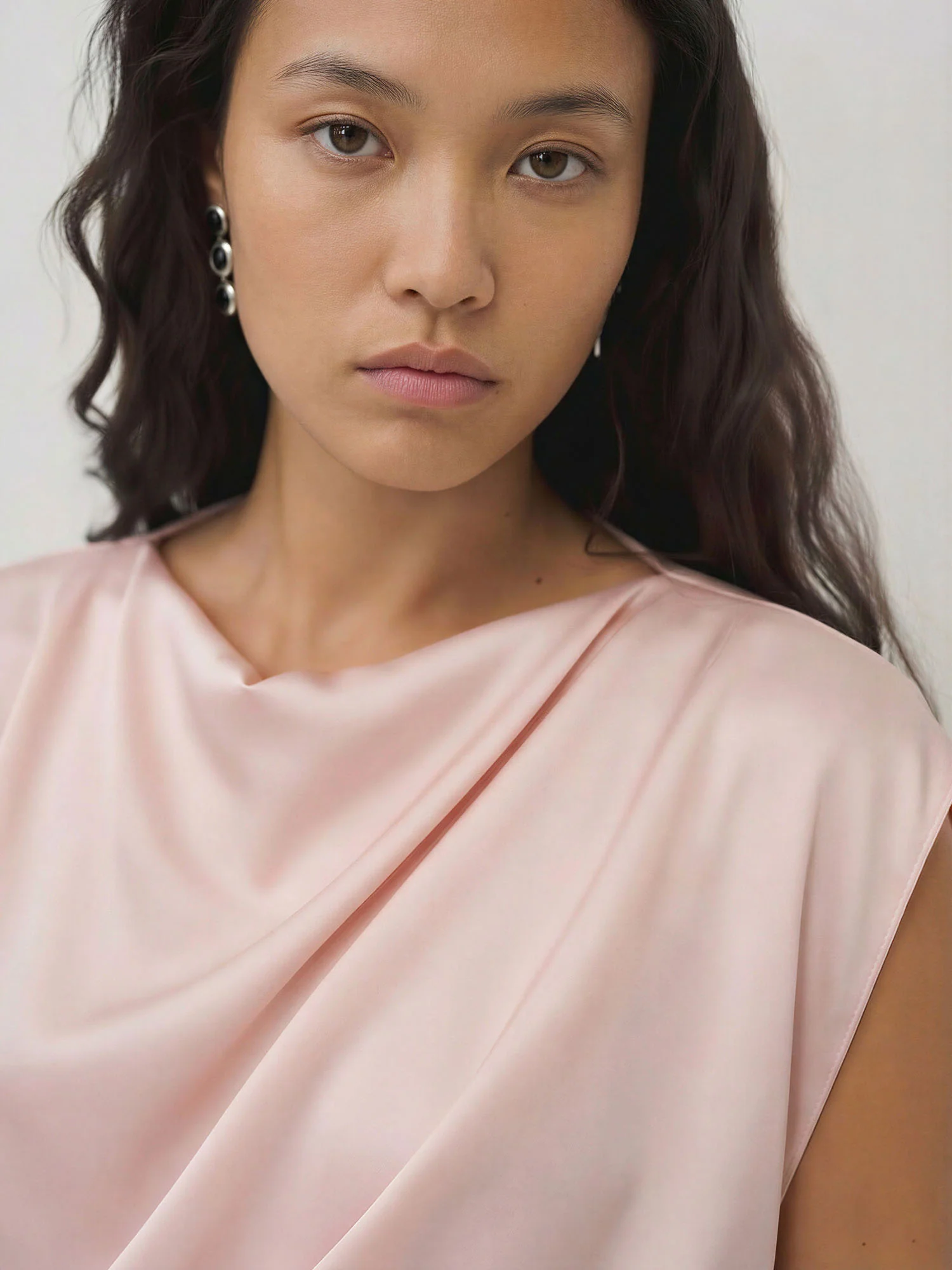 Draped Cowl Neck Sleevless Satin Rouched Top - Image 3