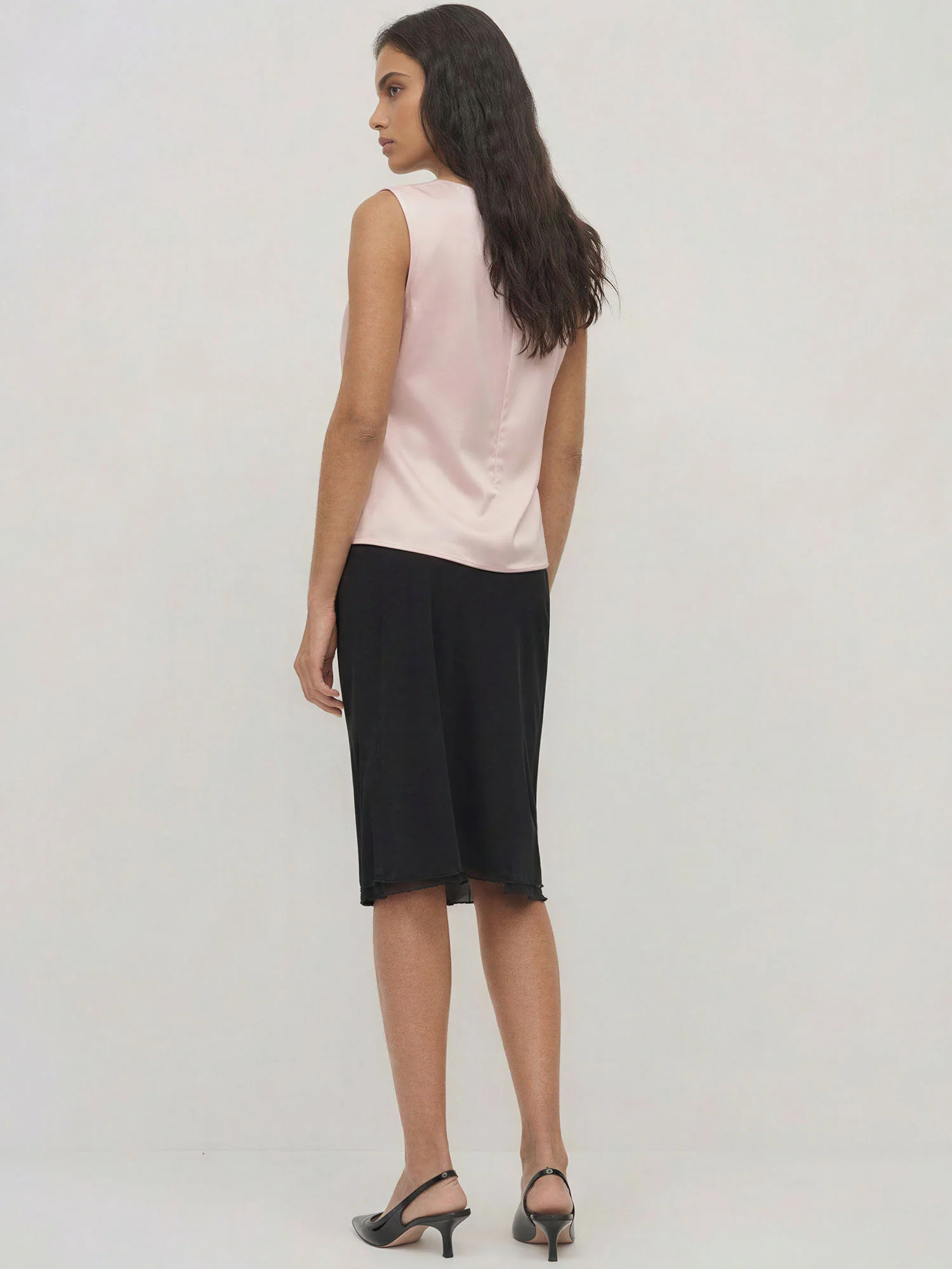 Draped Cowl Neck Sleevless Satin Rouched Top - Image 4