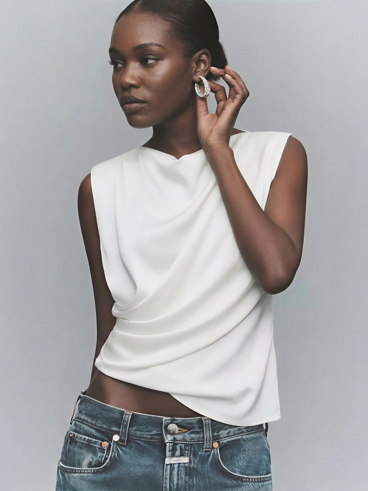 Draped Cowl Neck Sleevless Satin Rouched Top - Image 6