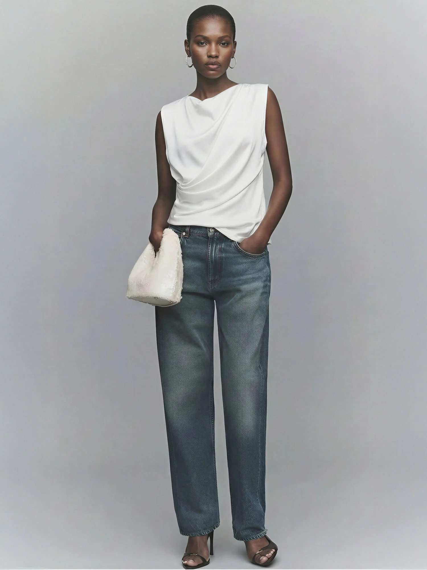 Draped Cowl Neck Sleevless Satin Rouched Top - Image 7