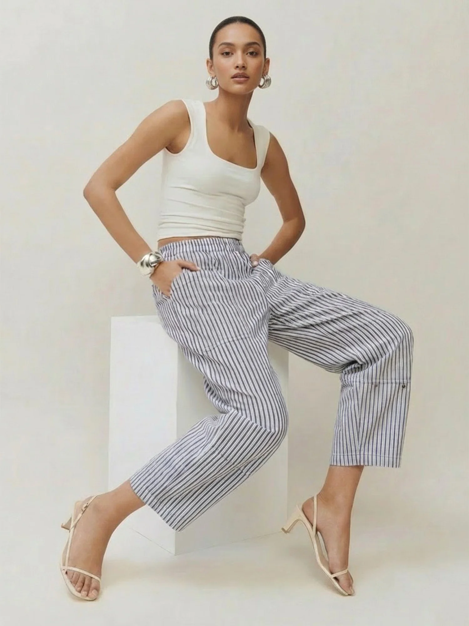 Elastic Striped Pull On Barrel Leg Pants - Image 2