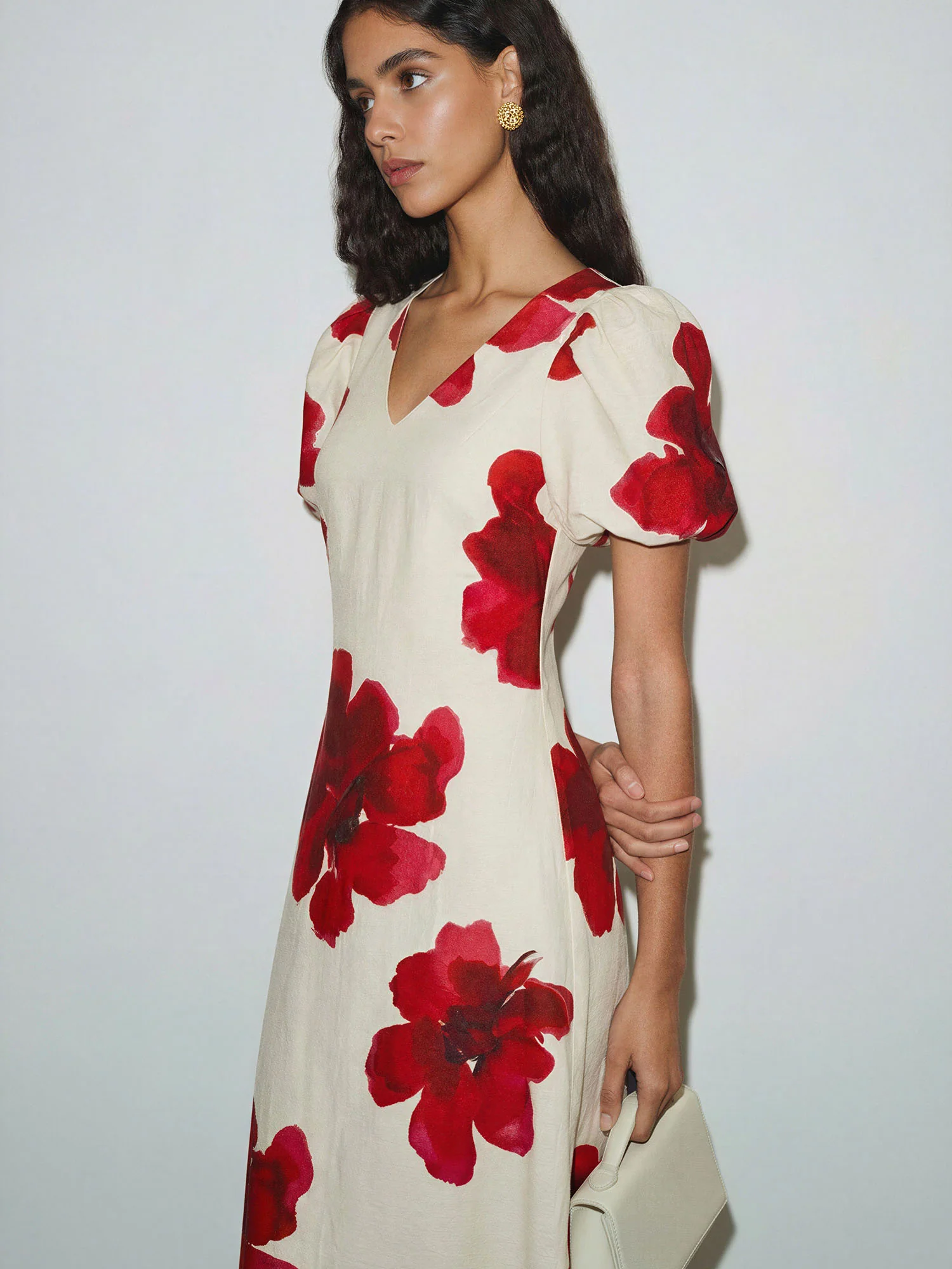 Floral V-Neck With Puff Sleeves Maxi Dress - Image 3