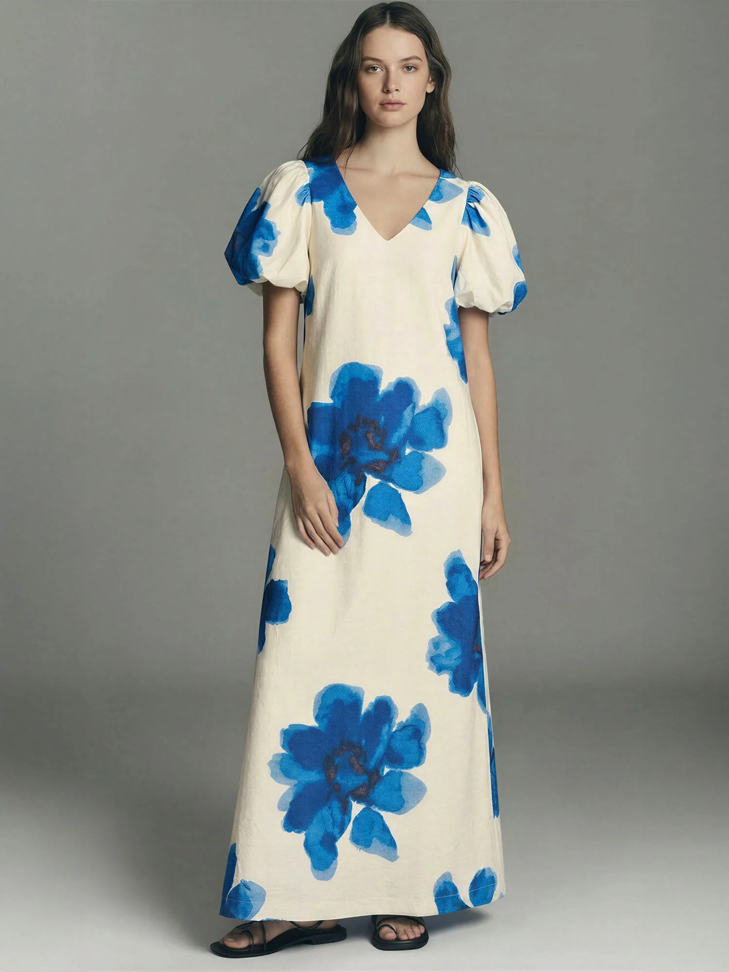 Floral V-Neck With Puff Sleeves Maxi Dress - Image 6