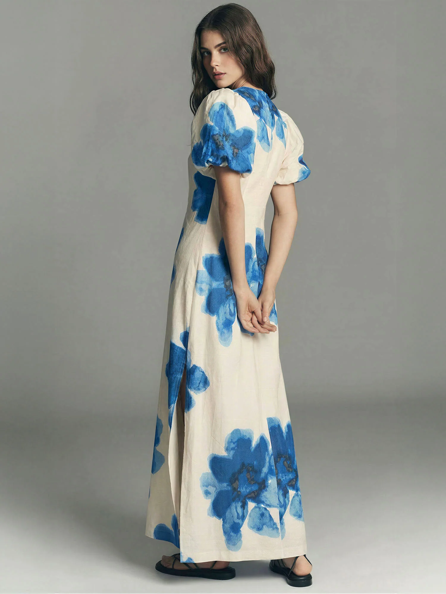 Floral V-Neck With Puff Sleeves Maxi Dress - Image 8