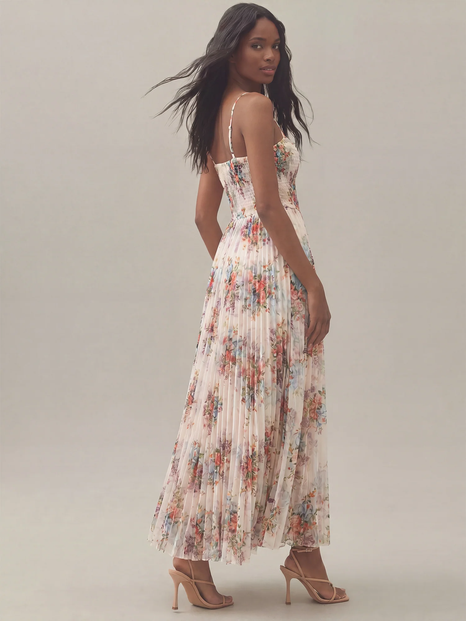 Flowy Floral Print Maxi Dress Pleated Skirt - Image 3