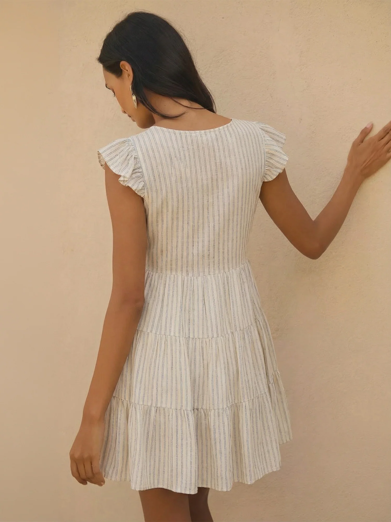 Flutter Sleeve Button Down Striped Shift Dress - Image 3