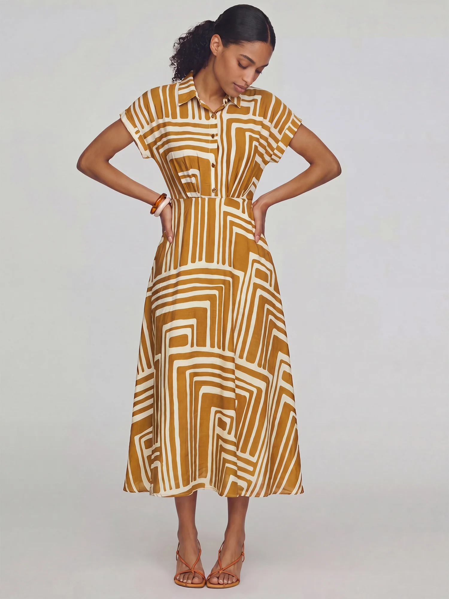 Geo Print Button Down Shirt Midi Dress