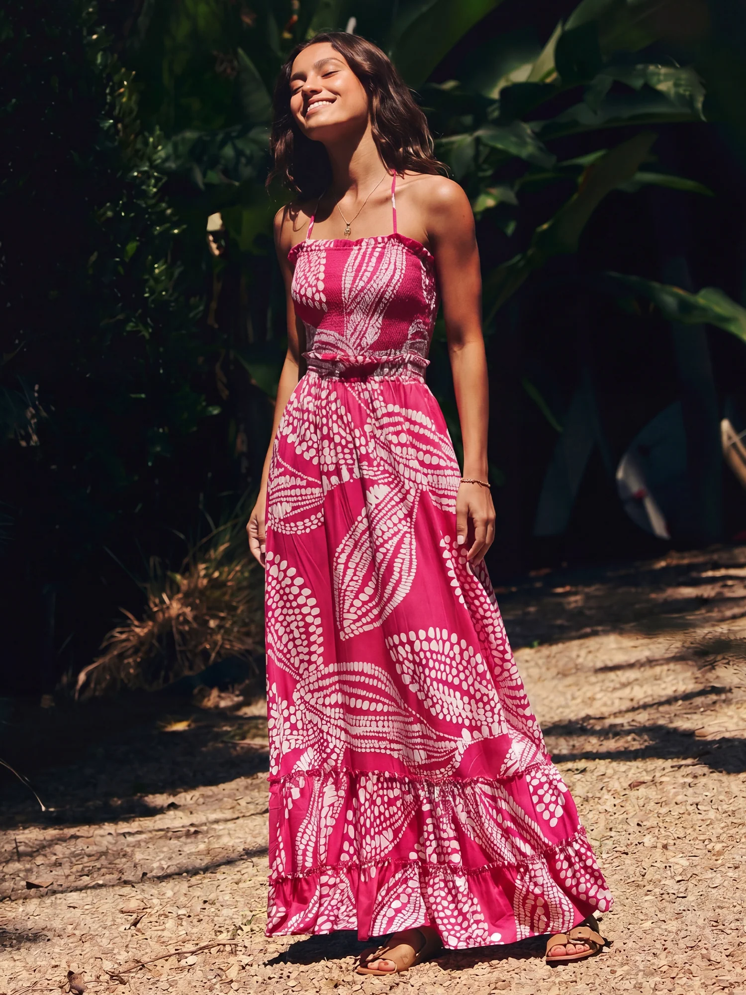 Halterneck Smocked Tropical Floral Maxi Sun Dress - Image 6