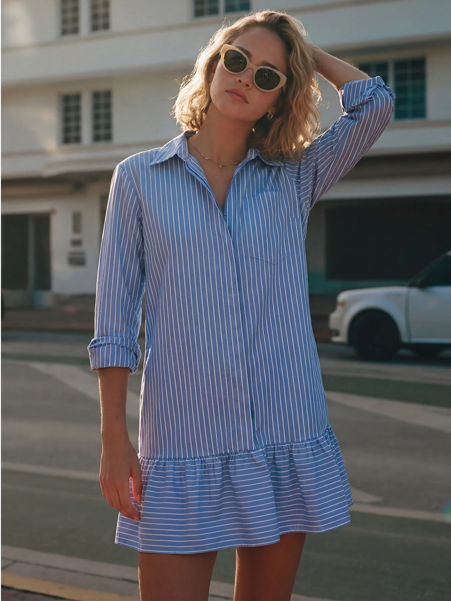 Hidden Zip Up Bubble Hem Shirt Dress