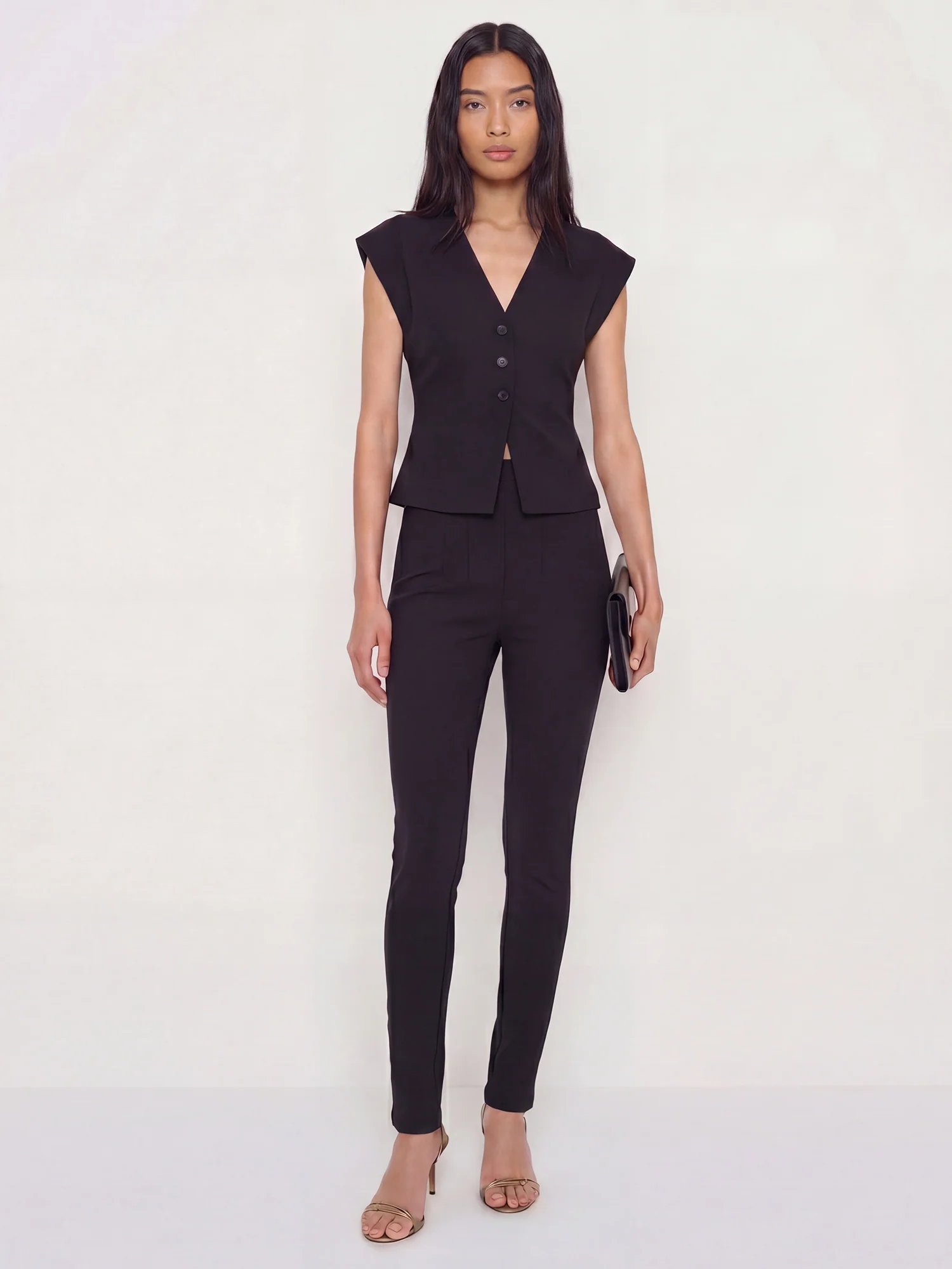 High Waisted Fitted Skinny Ponte Pants with Button Details