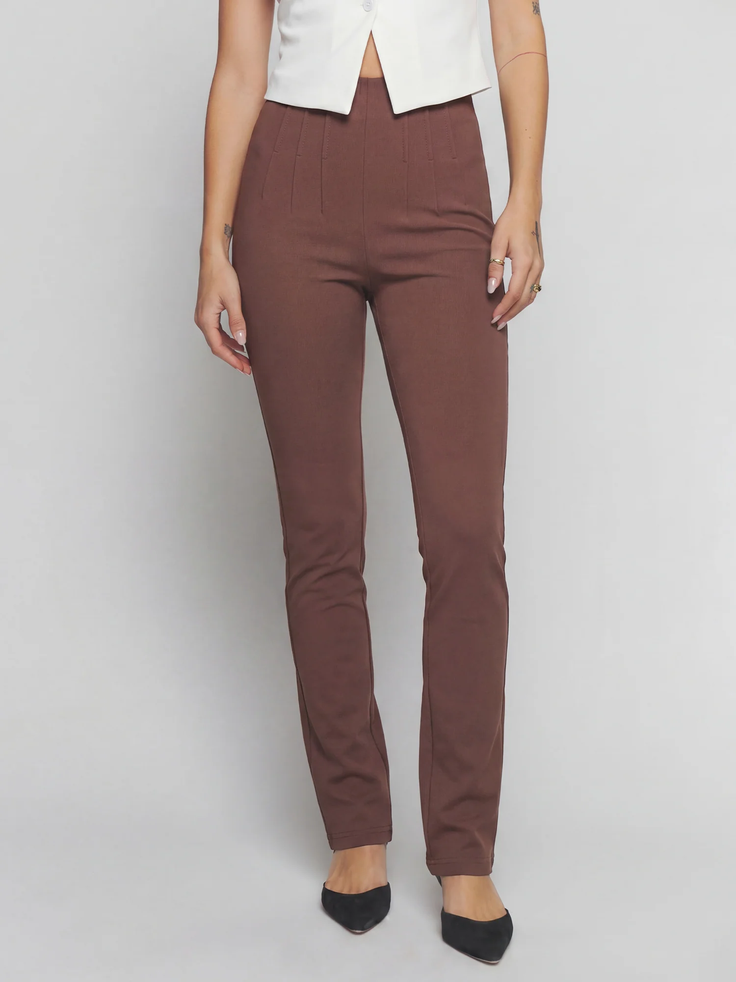 High Waisted Fitted Skinny Ponte Pants with Button Details - Image 7