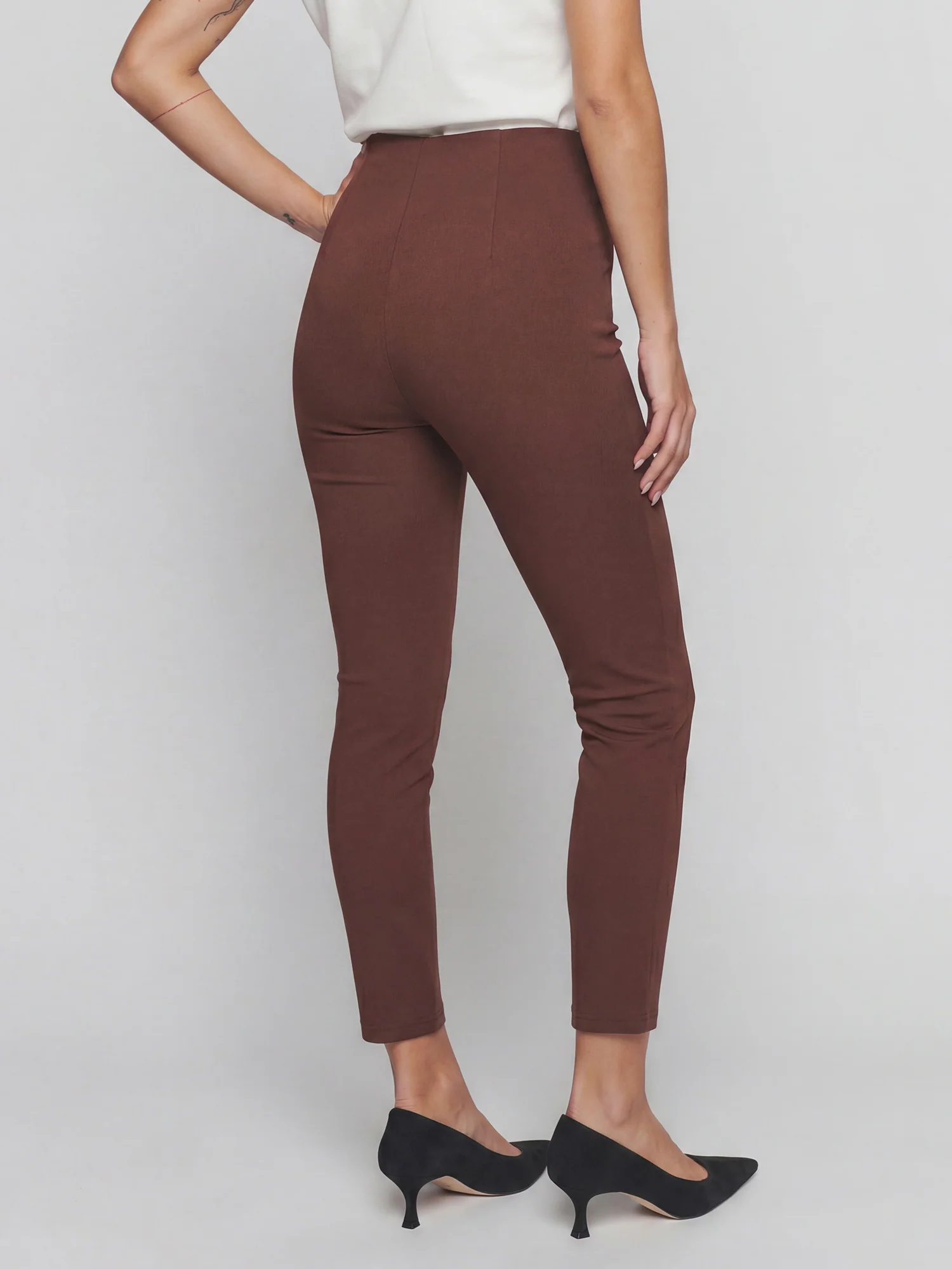 High Waisted Fitted Skinny Ponte Pants with Button Details - Image 8