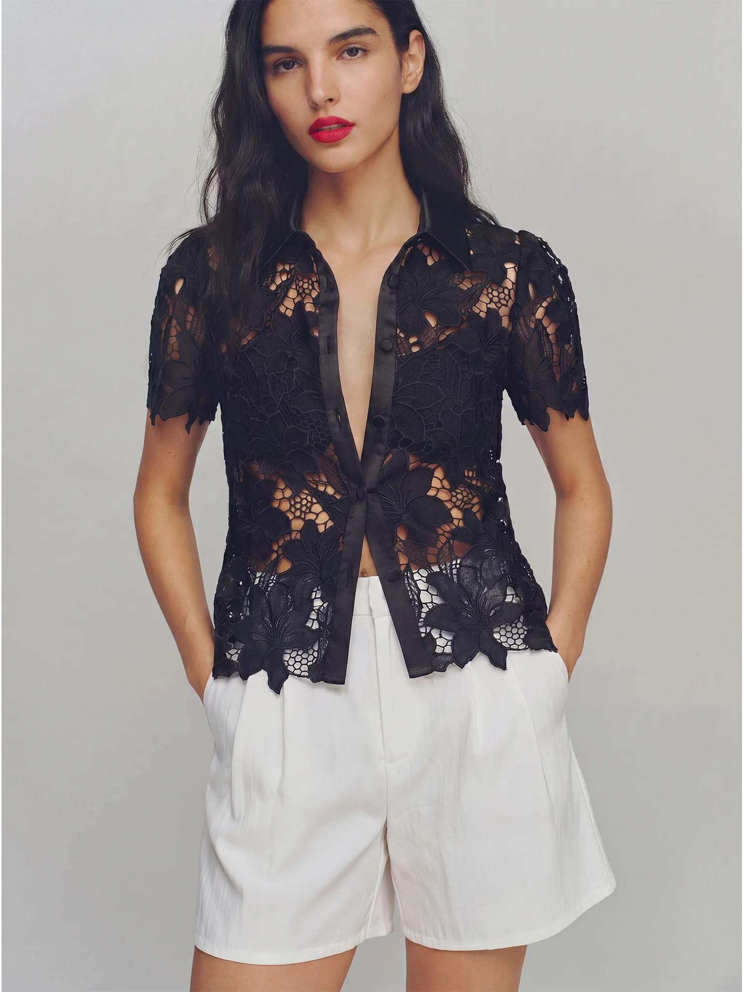 Lace Button Down Shirt With Jagged Lace Hem