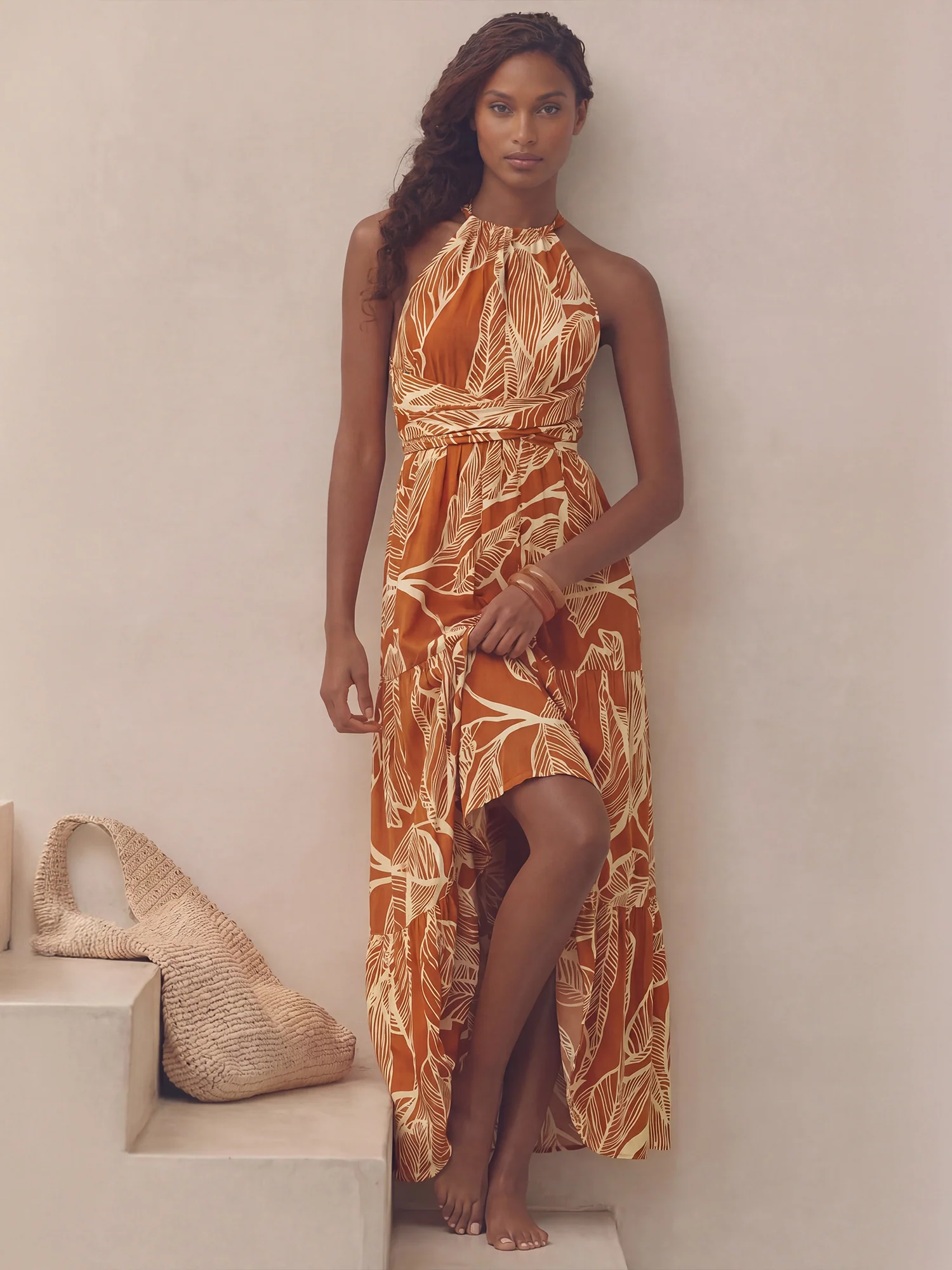 Leaf Print Halterneck Maxi Sun Dress
