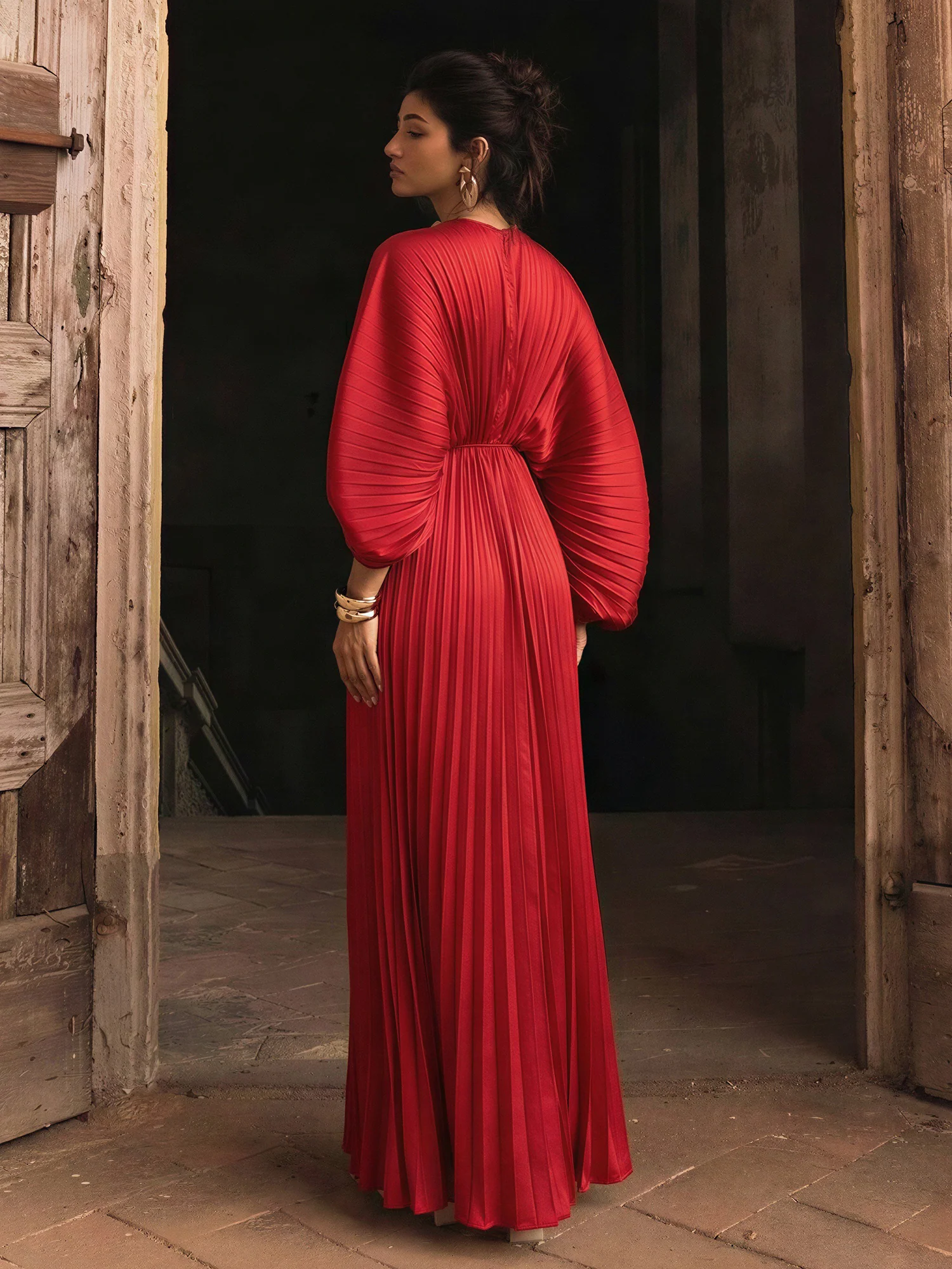Short Sleeve Pleated V Neck Satin Maxi Dress - Image 4