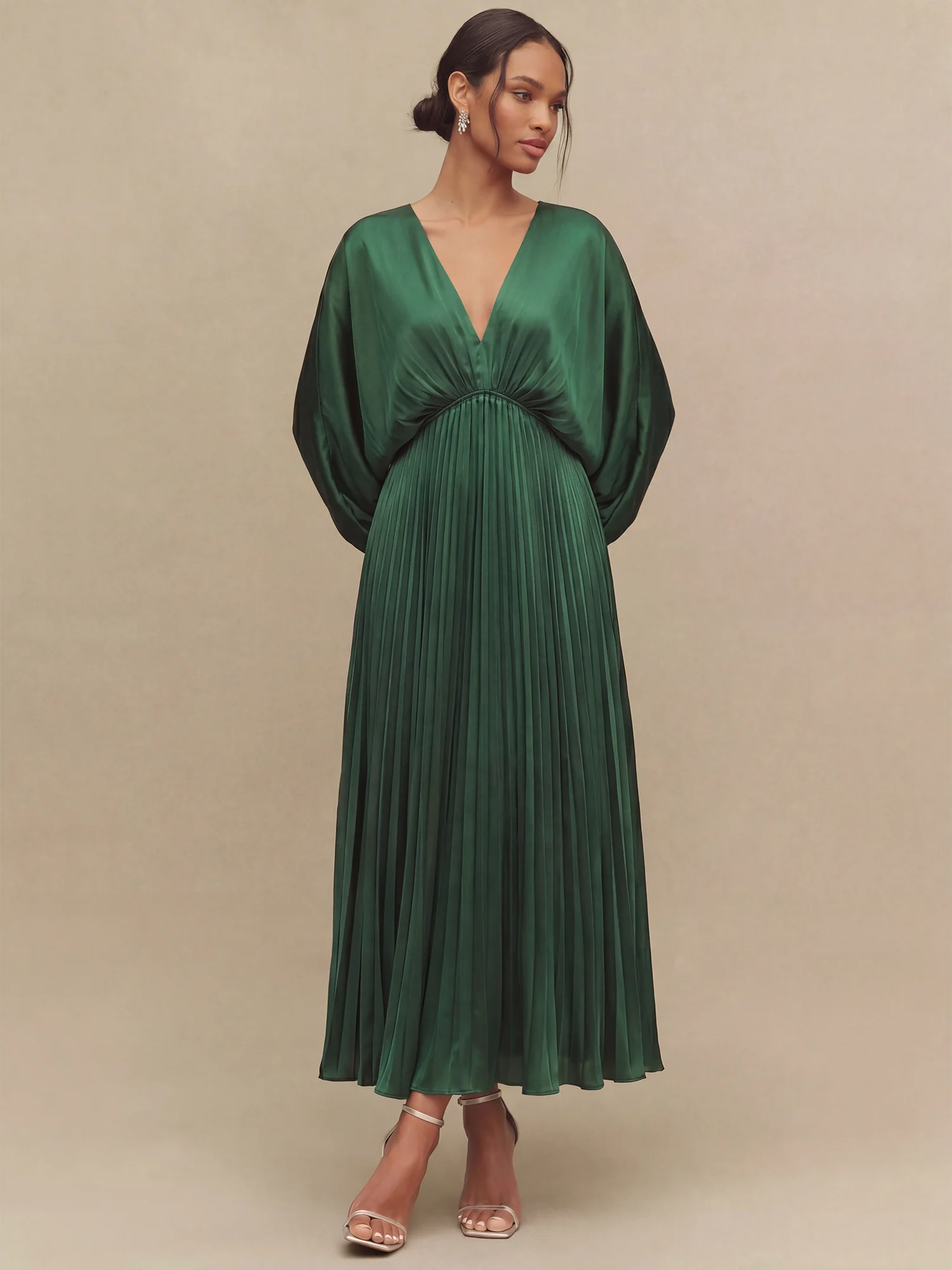 Short Sleeve Pleated V Neck Satin Maxi Dress - Image 6