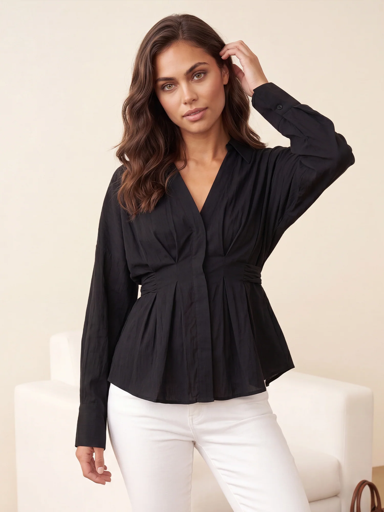Long Sleeve Pleated Waist Button Down Shirt