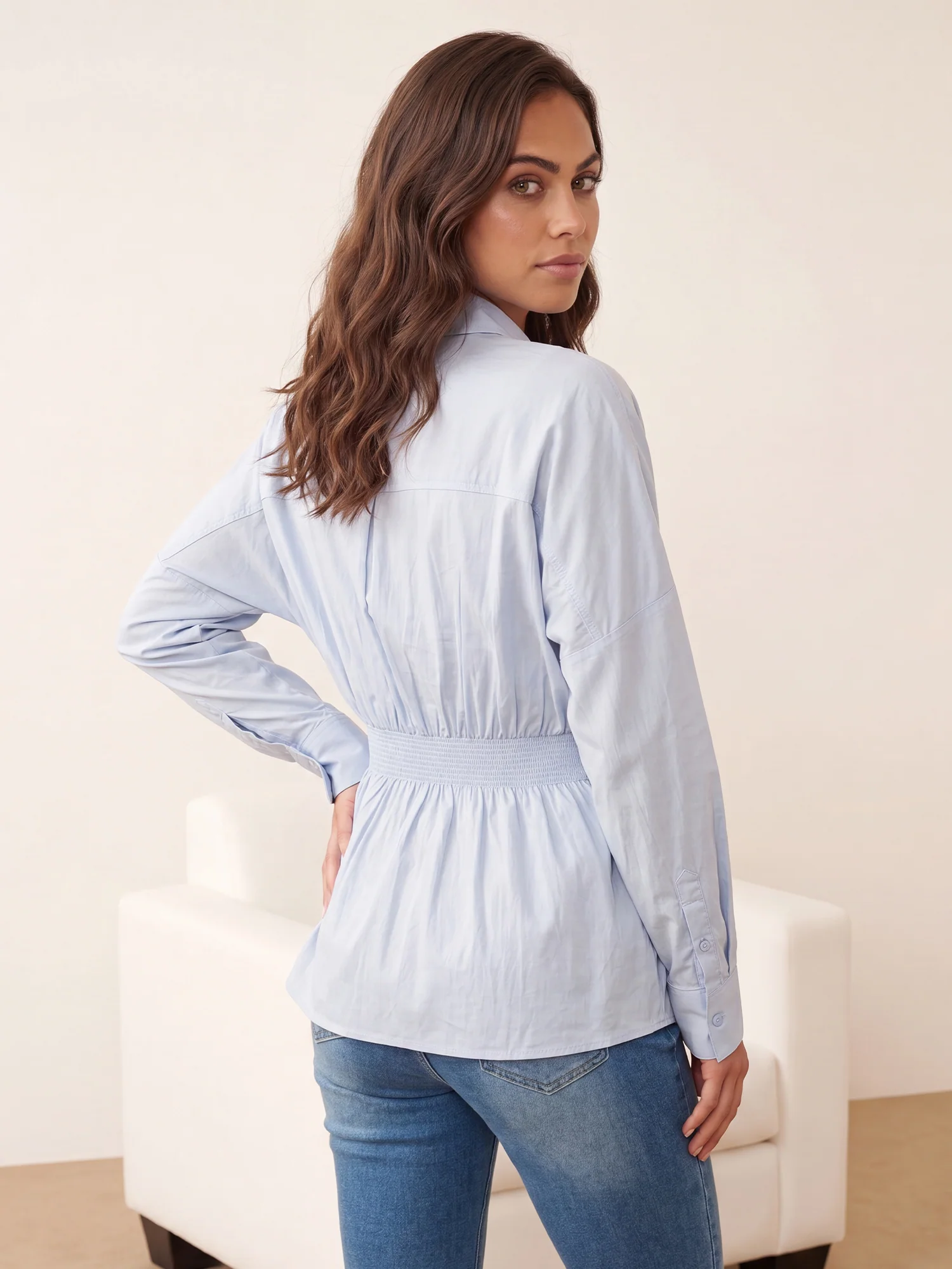 Long Sleeve Pleated Waist Button Down Shirt - Image 11