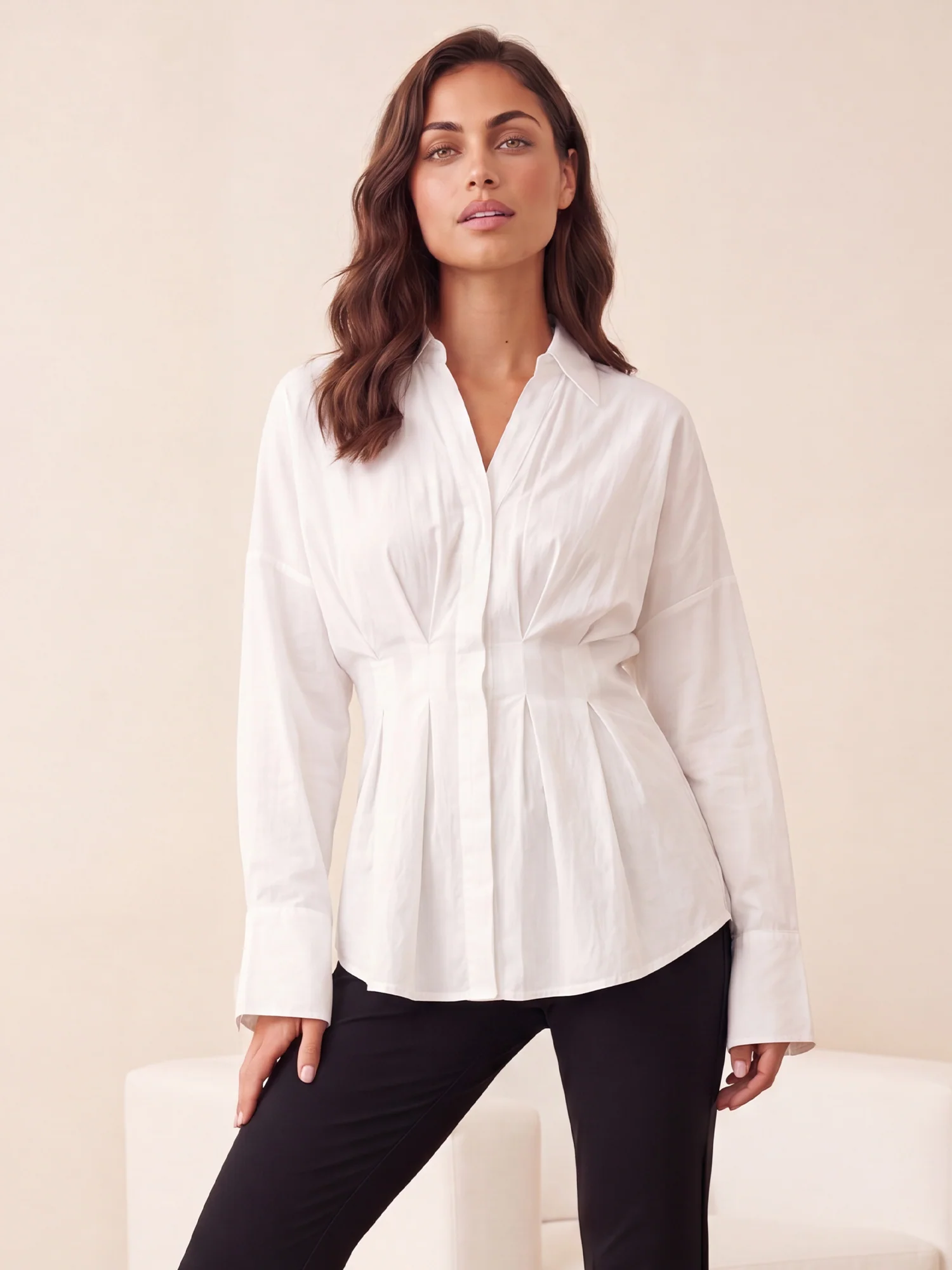 Long Sleeve Pleated Waist Button Down Shirt - Image 13