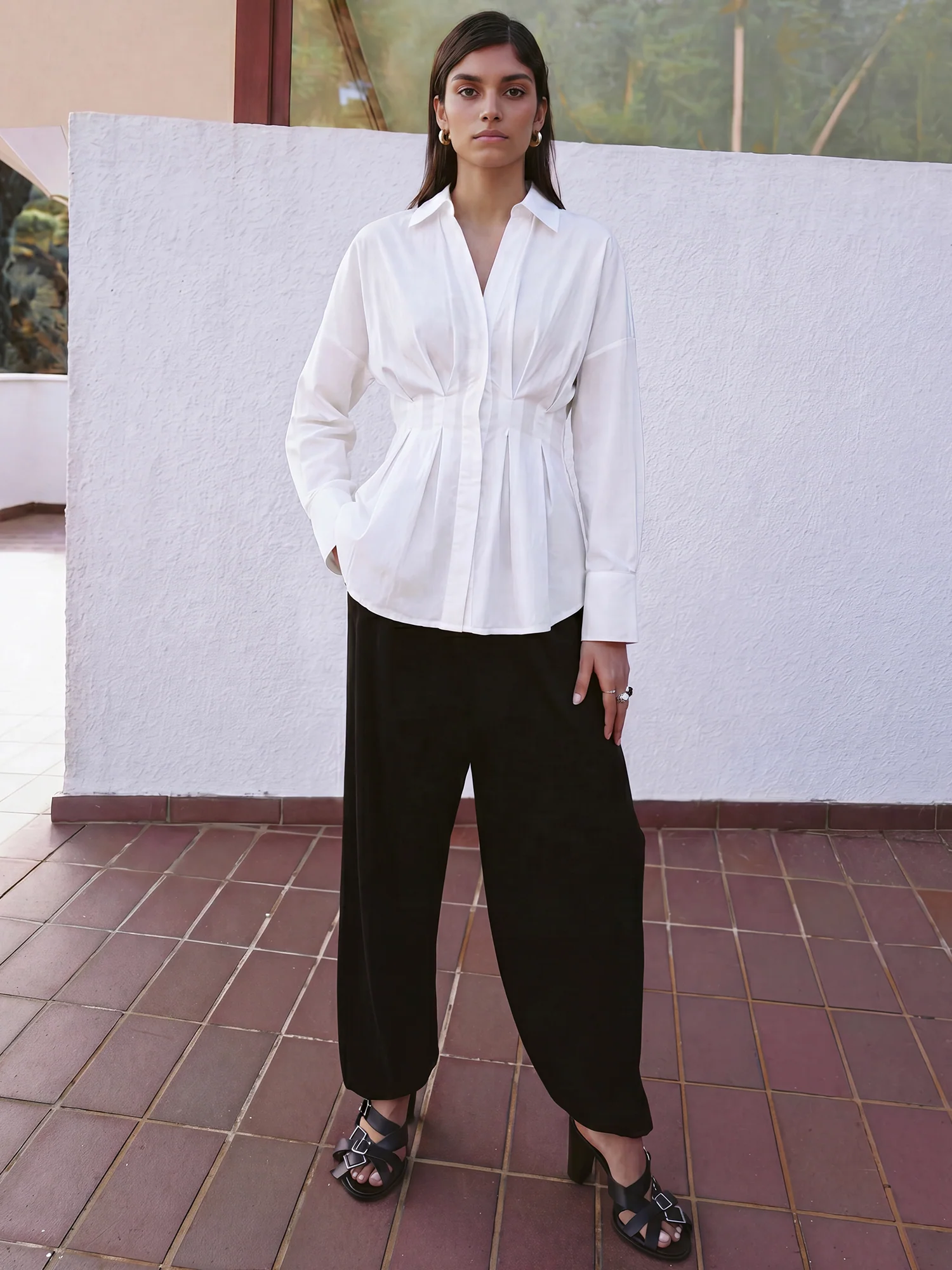 Long Sleeve Pleated Waist Button Down Shirt - Image 14