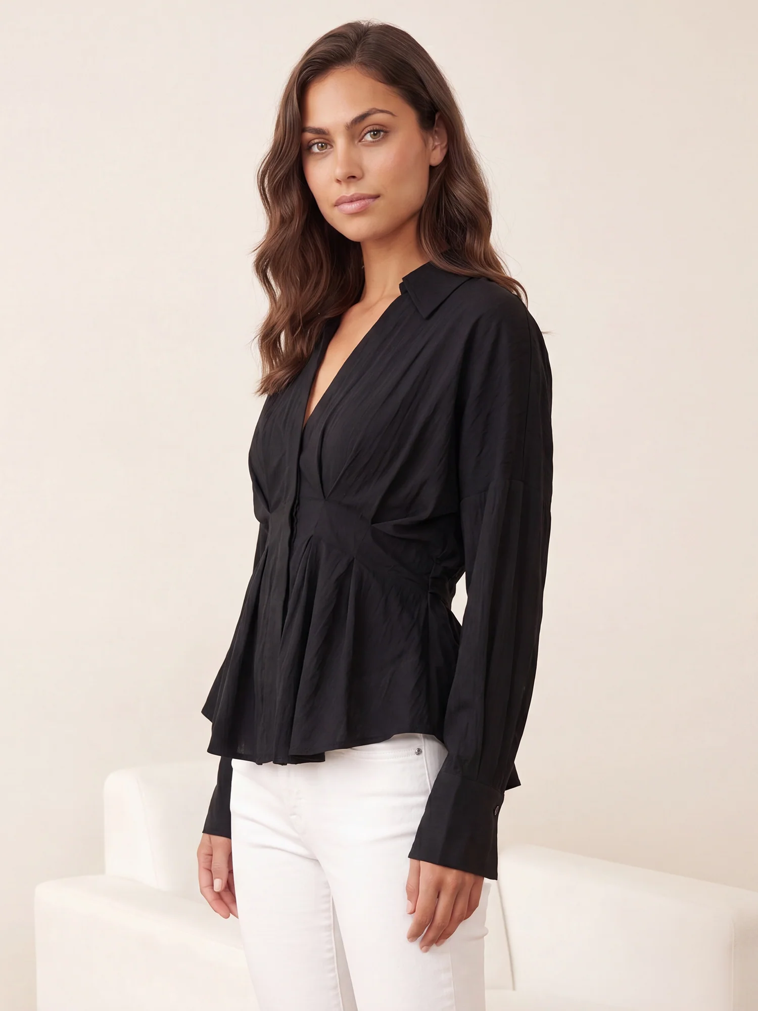 Long Sleeve Pleated Waist Button Down Shirt - Image 3