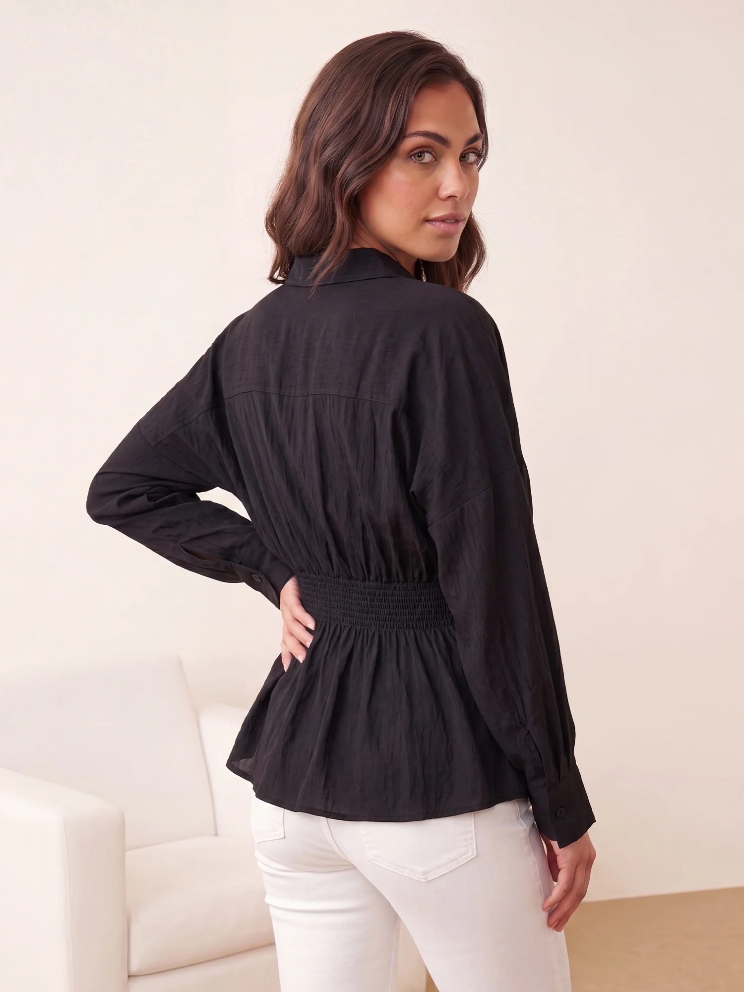 Long Sleeve Pleated Waist Button Down Shirt - Image 4