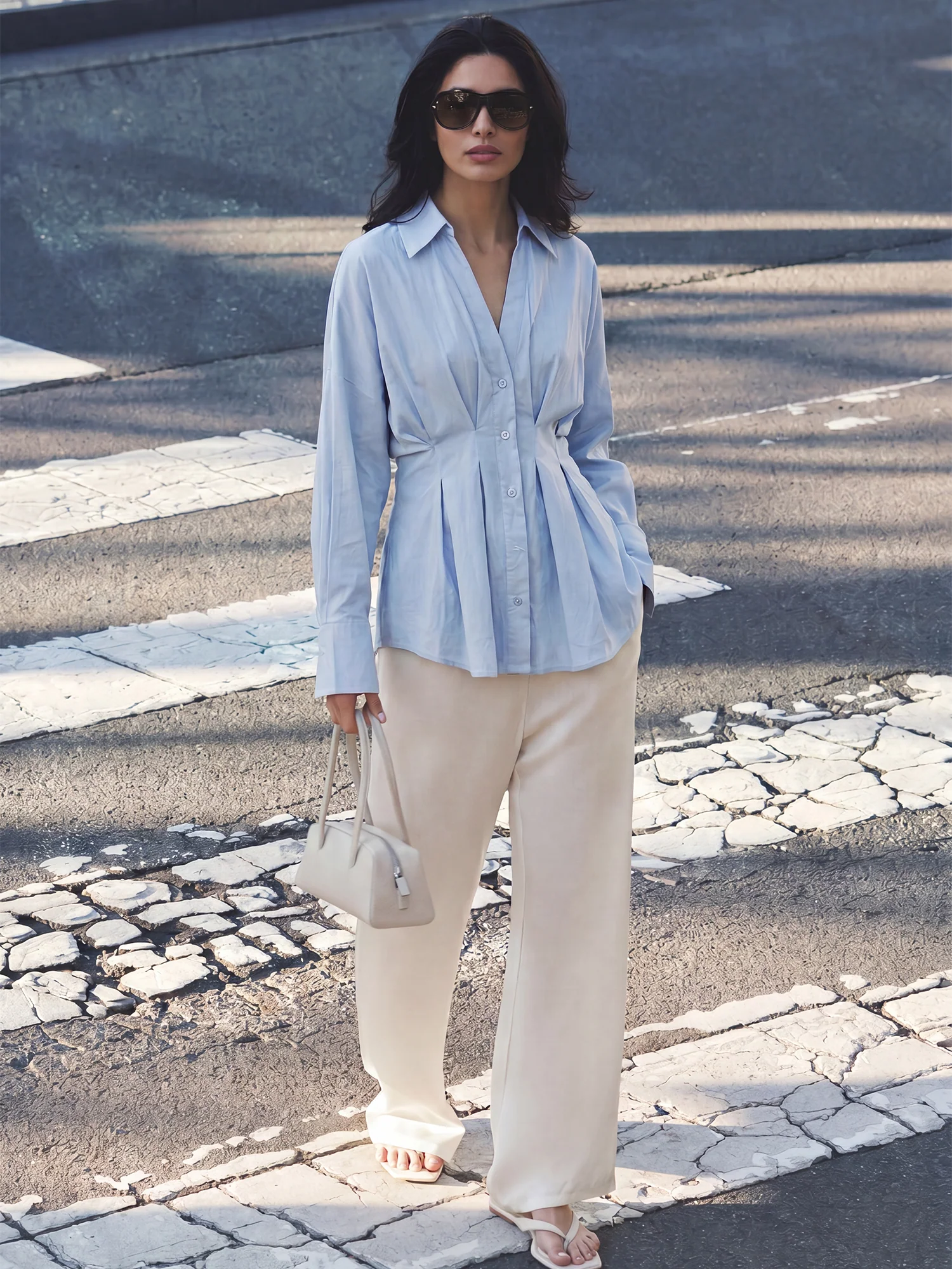 Long Sleeve Pleated Waist Button Down Shirt - Image 7