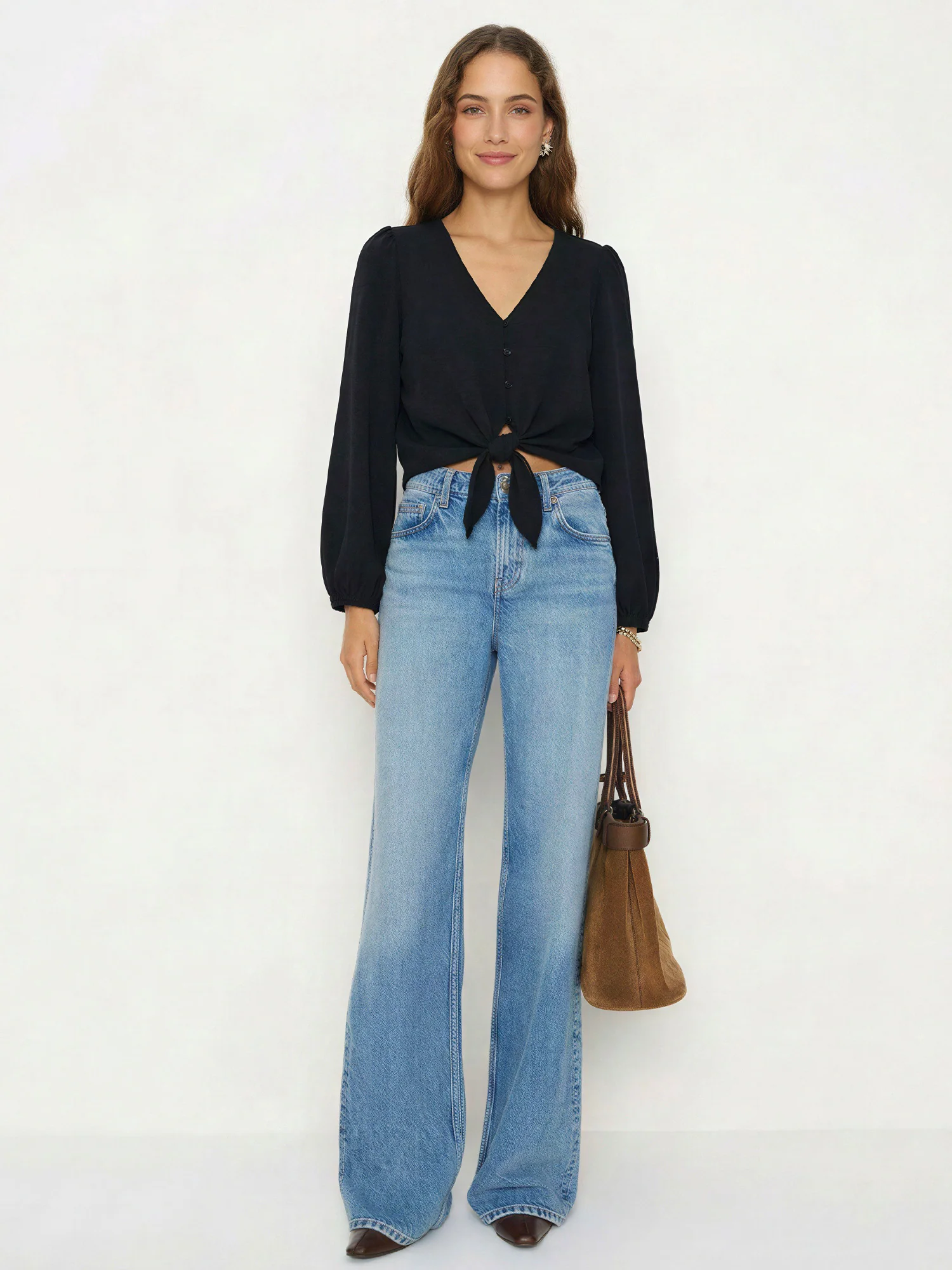 Long Sleeve Tie Front Blouse